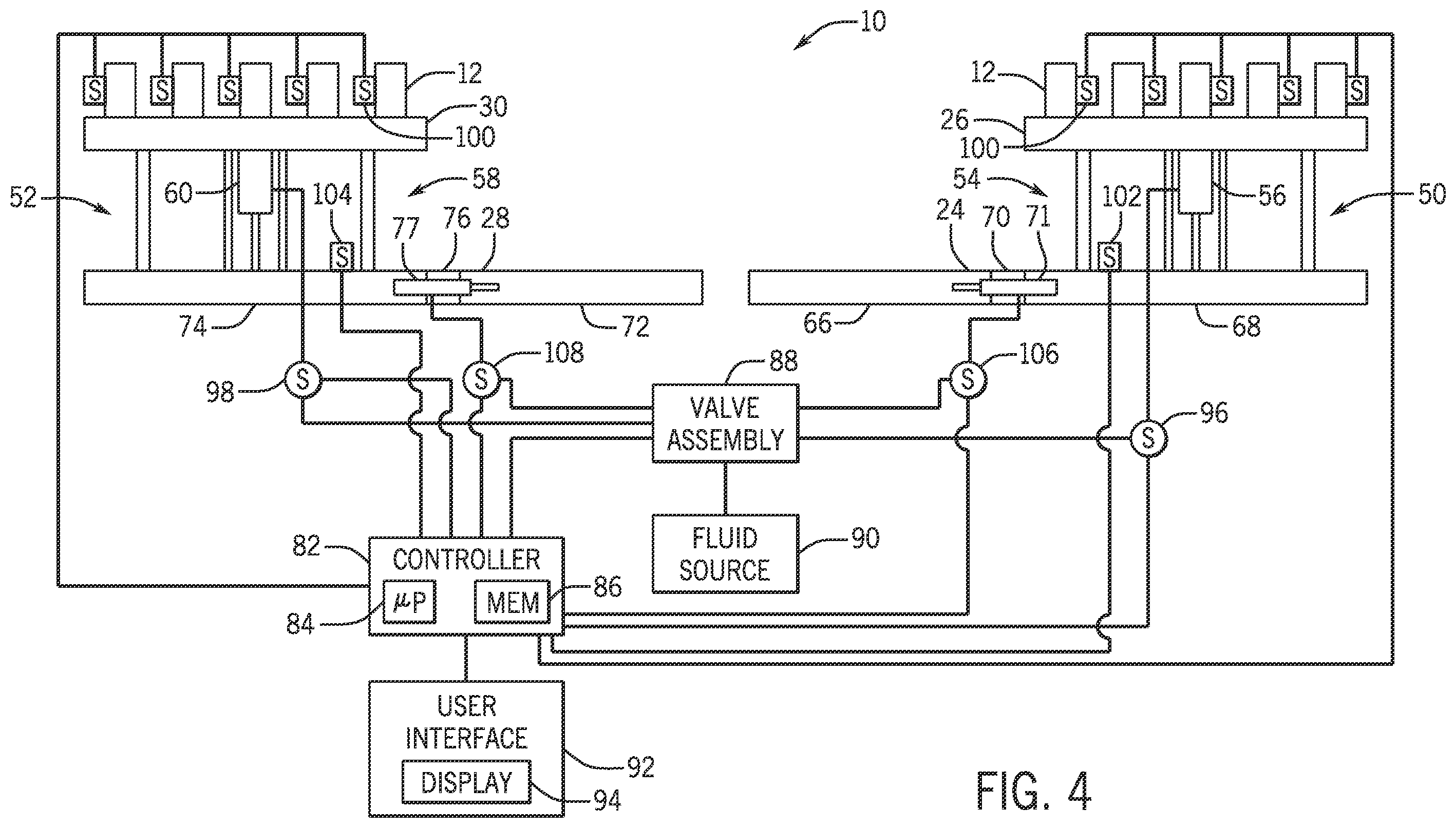 Patent US12564124 Figure 4 – Two row agricultural planting implement having a lift and downforce actuator