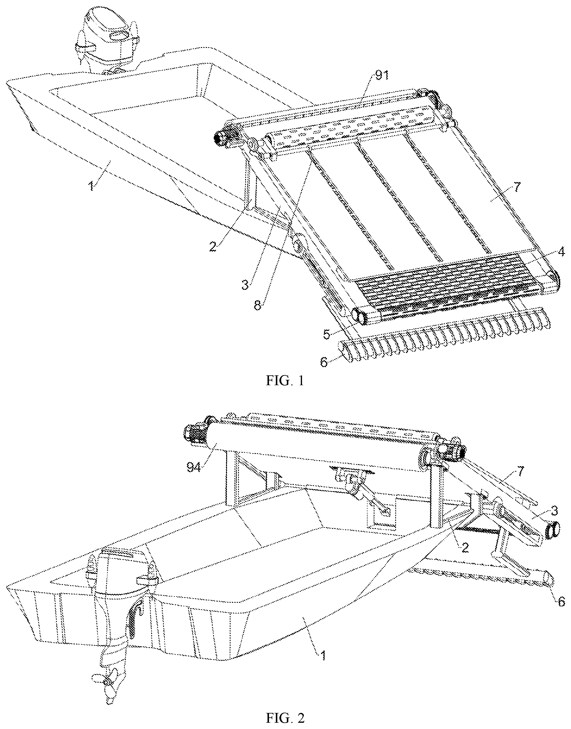 Patent US12564133 Figure 1 – Cleaning ship for water surface treatment for harvesting water plants