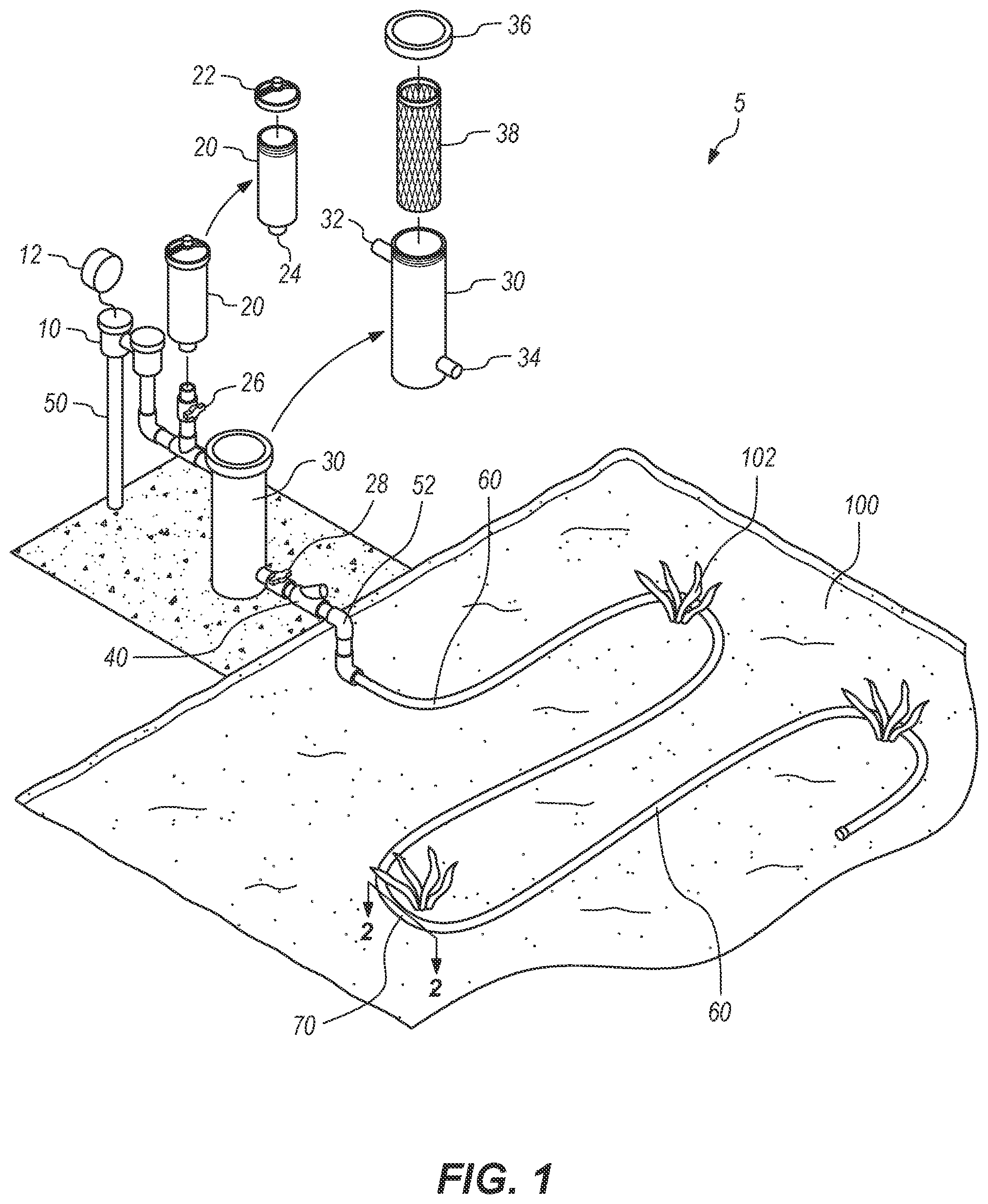 Patent US12564145 Figure 1 – Underground irrigation system with liquid and granular additive capabilities