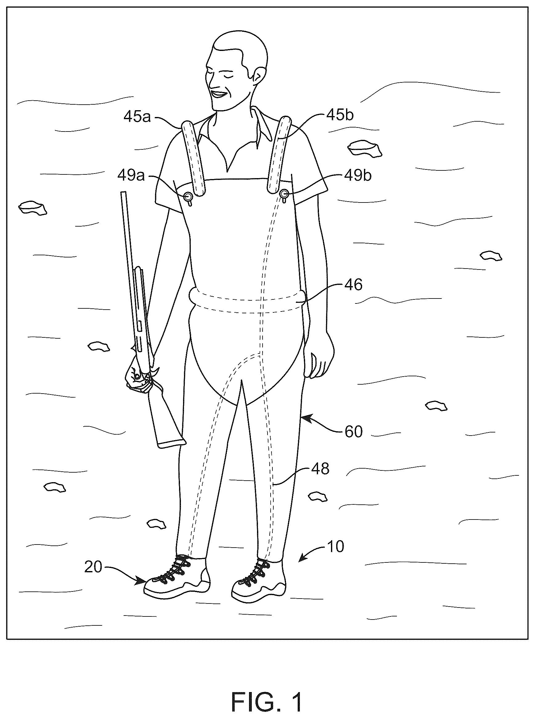 Patent US12564240 Figure 1 – Inflatable wading boots