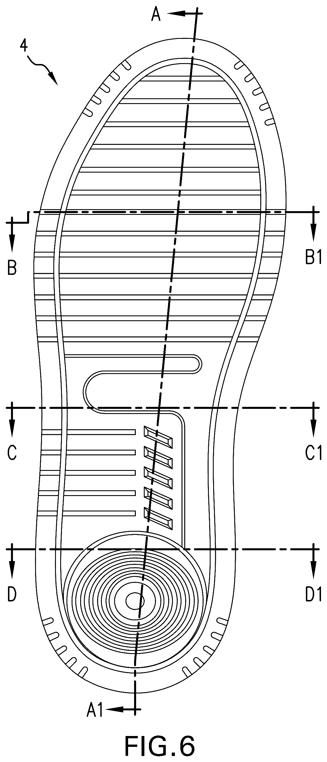 Patent US12564243 Figure 6 – Groove system for footwear outsoles
