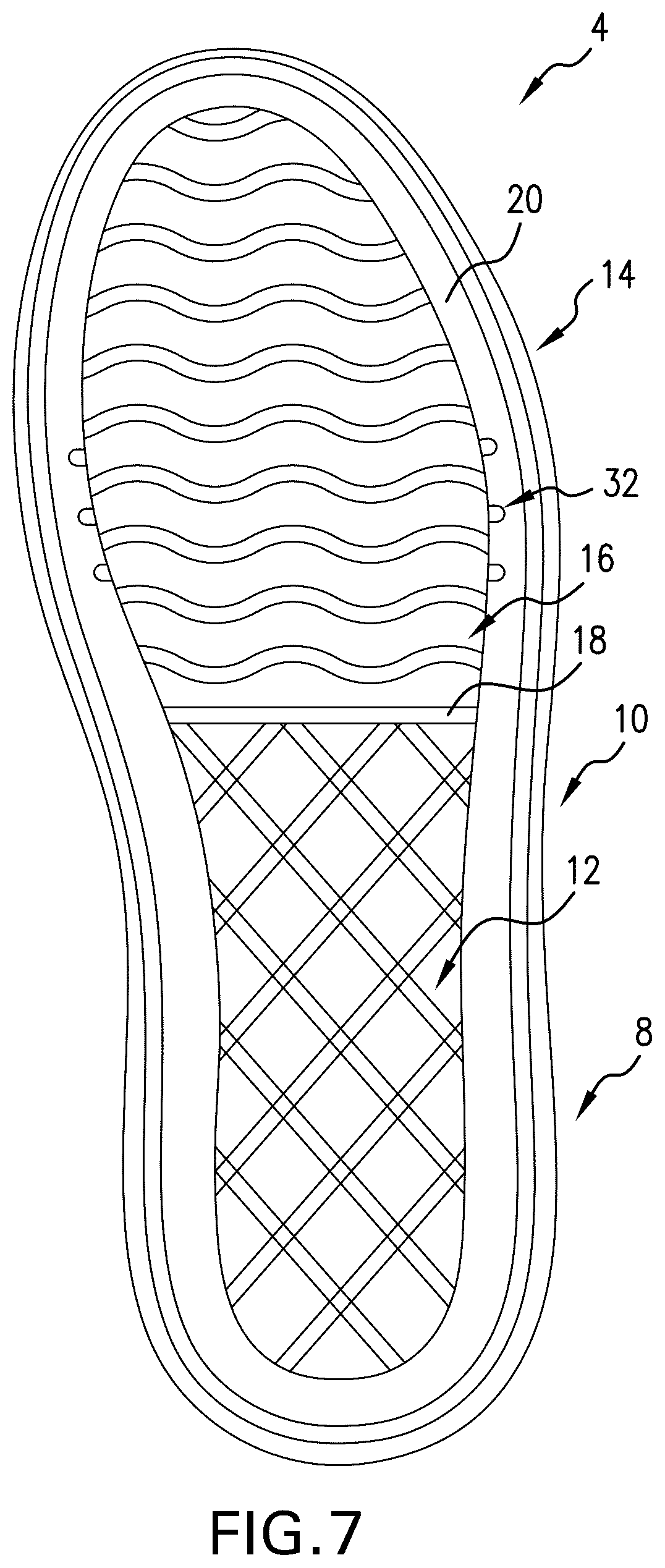 Patent US12564243 Figure 7 – Groove system for footwear outsoles