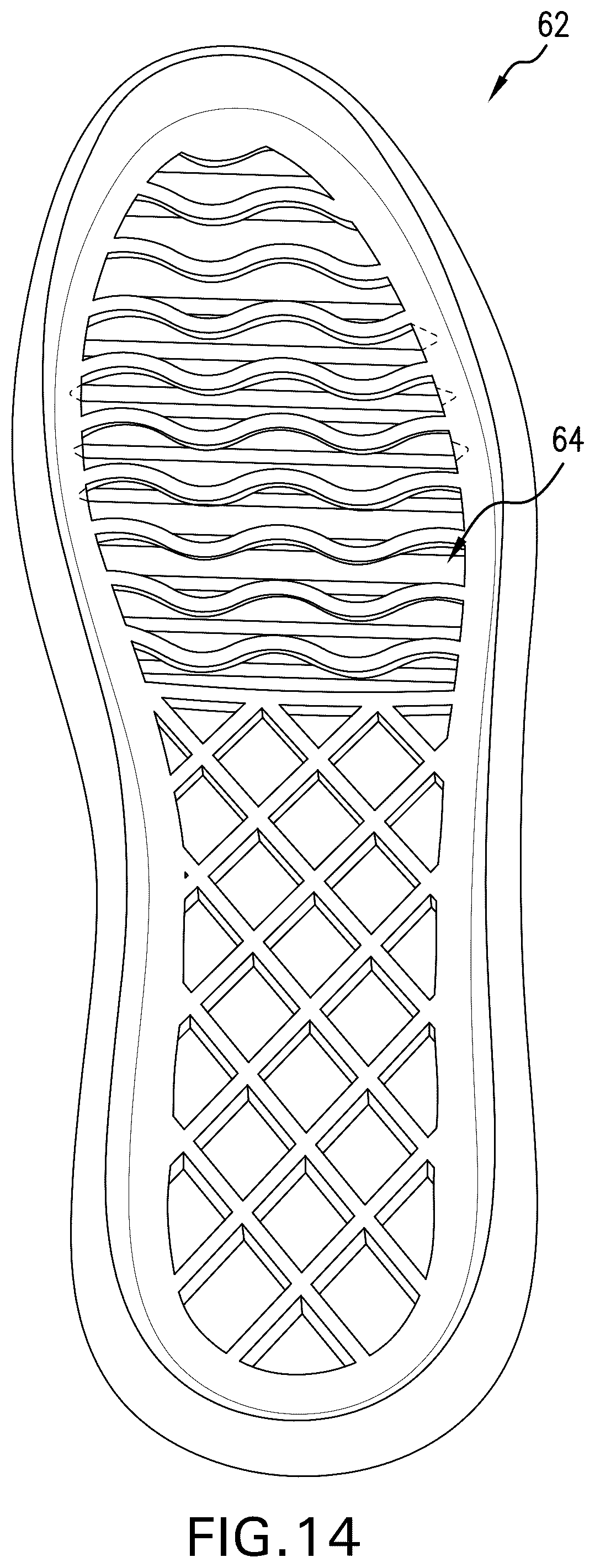 Patent US12564243 Figure 14 – Groove system for footwear outsoles
