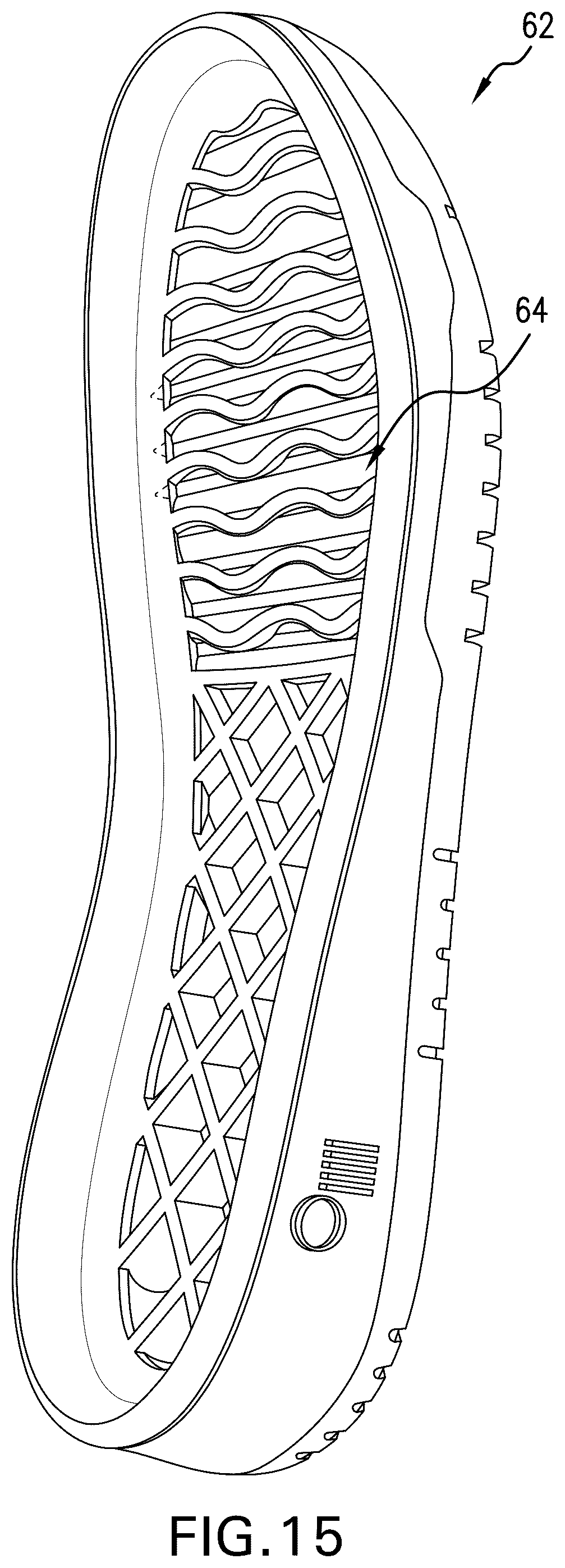 Patent US12564243 Figure 15 – Groove system for footwear outsoles