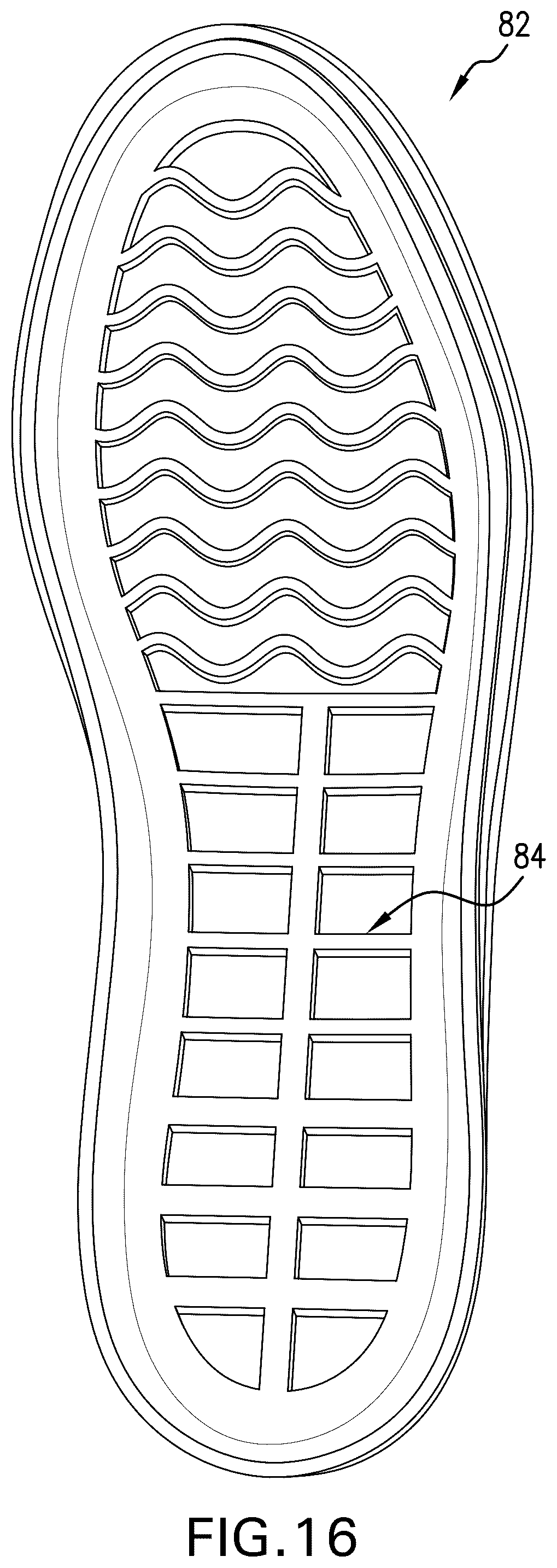 Patent US12564243 Figure 16 – Groove system for footwear outsoles