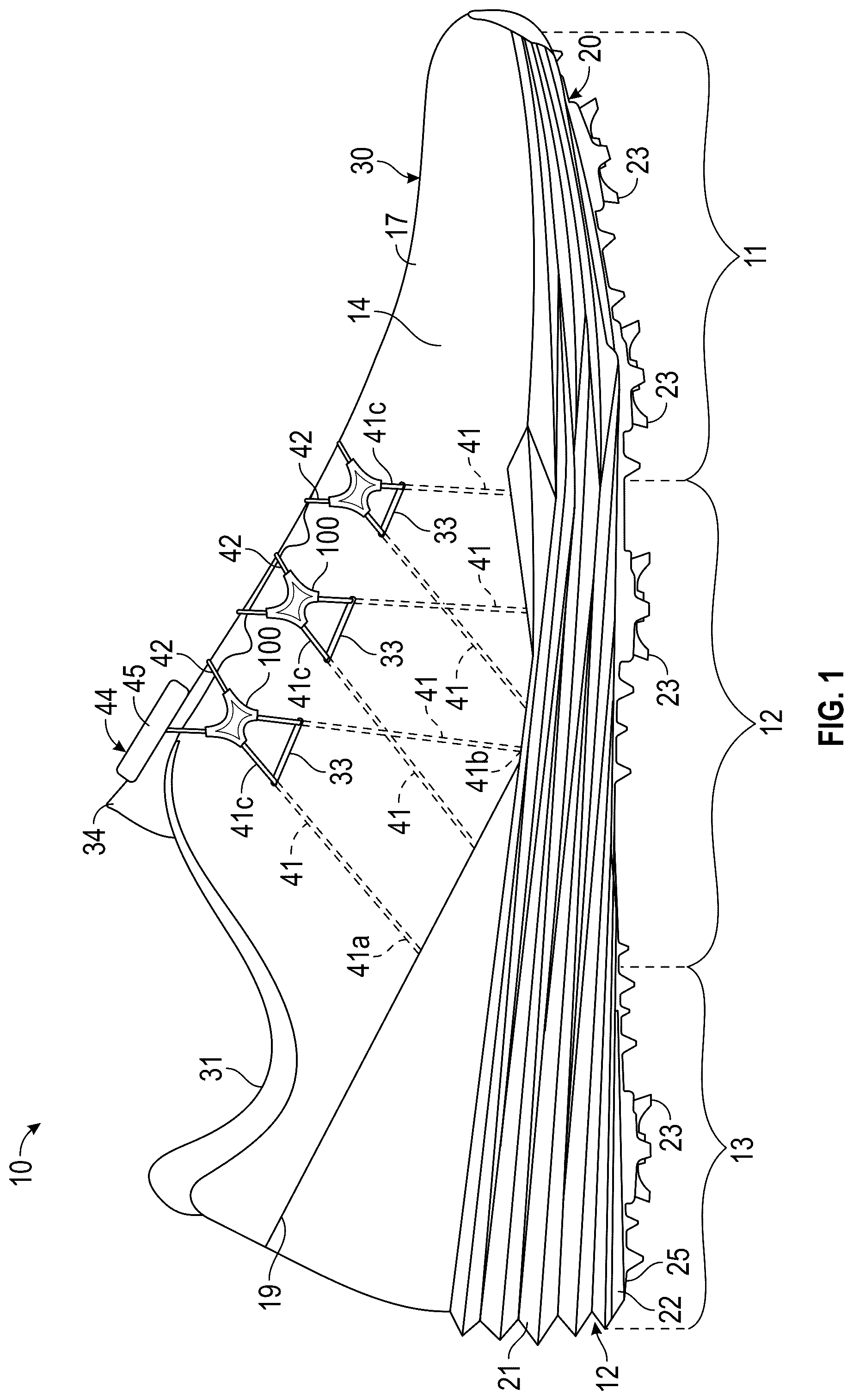 Patent US12564247 Figure 1 – Article of footwear with reel closure and slidable eyelet