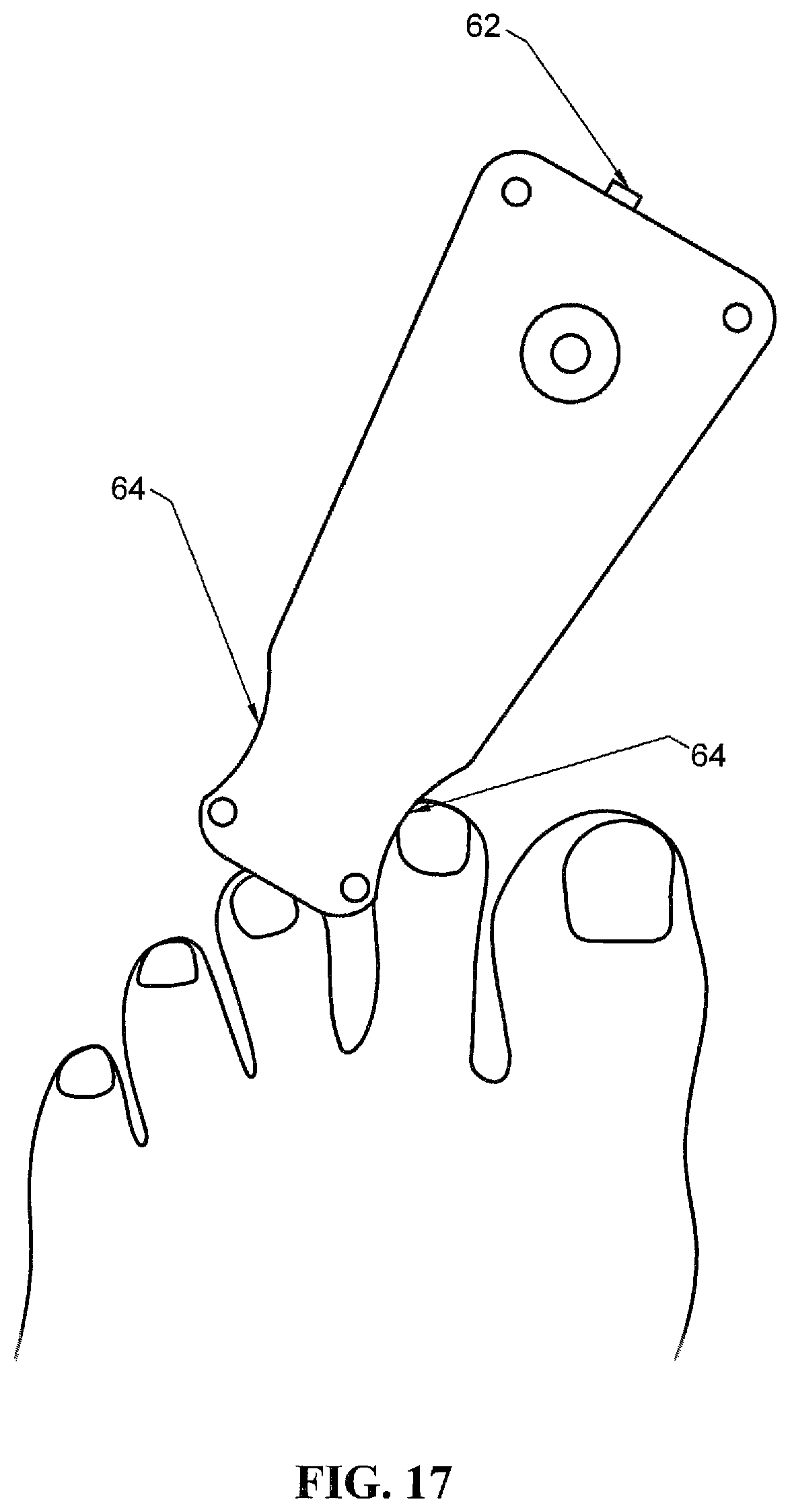 Patent US12564256 Figure 13 – Motorized toenail groomer configured to sit on top of a foot with long shaft and handle permitting ease of use by elderly and/or inflexible users
