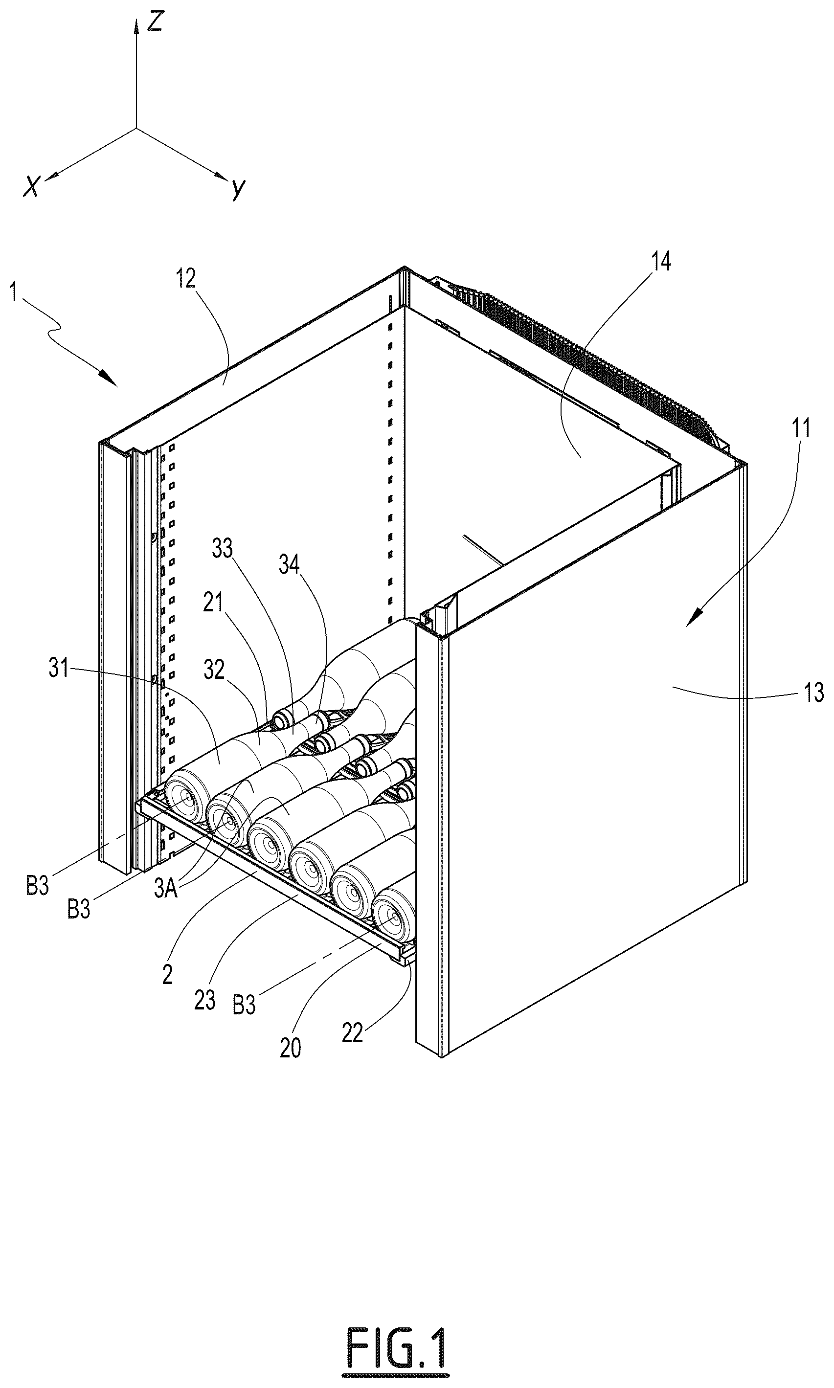 Patent US12564261 Figure 1 – Shelf for a cabinet for receiving bottles