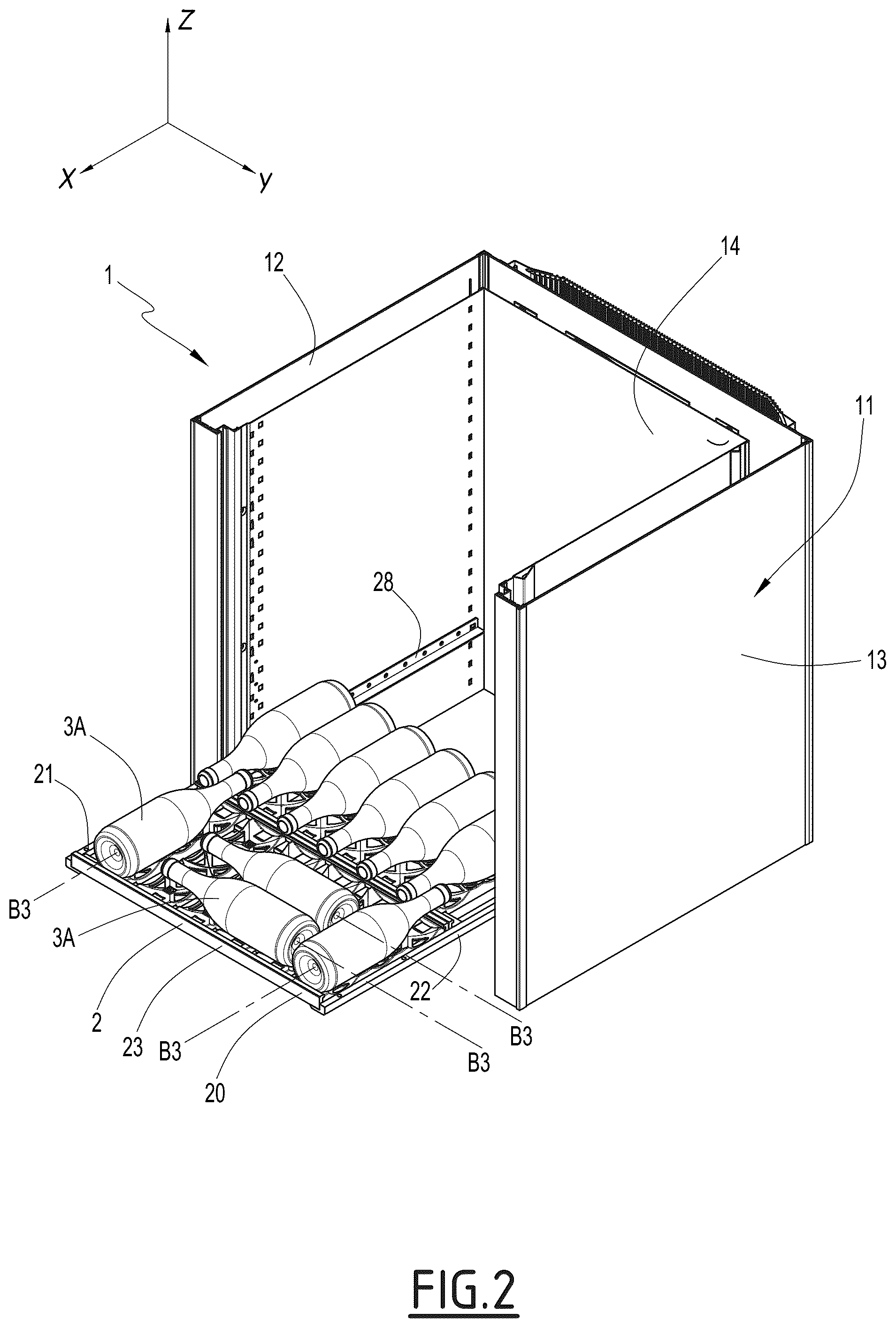 Patent US12564261 Figure 2 – Shelf for a cabinet for receiving bottles