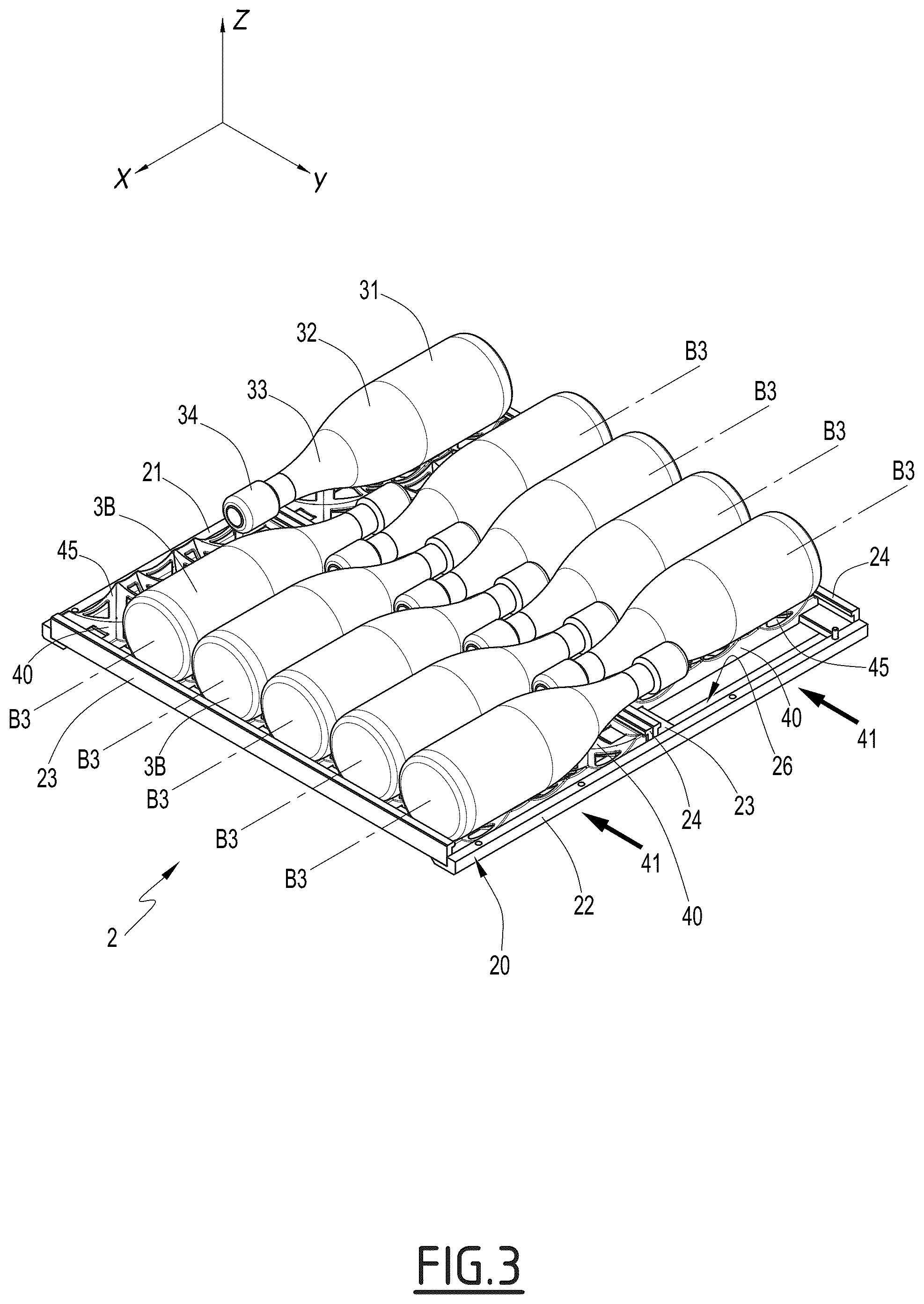 Patent US12564261 Figure 3 – Shelf for a cabinet for receiving bottles