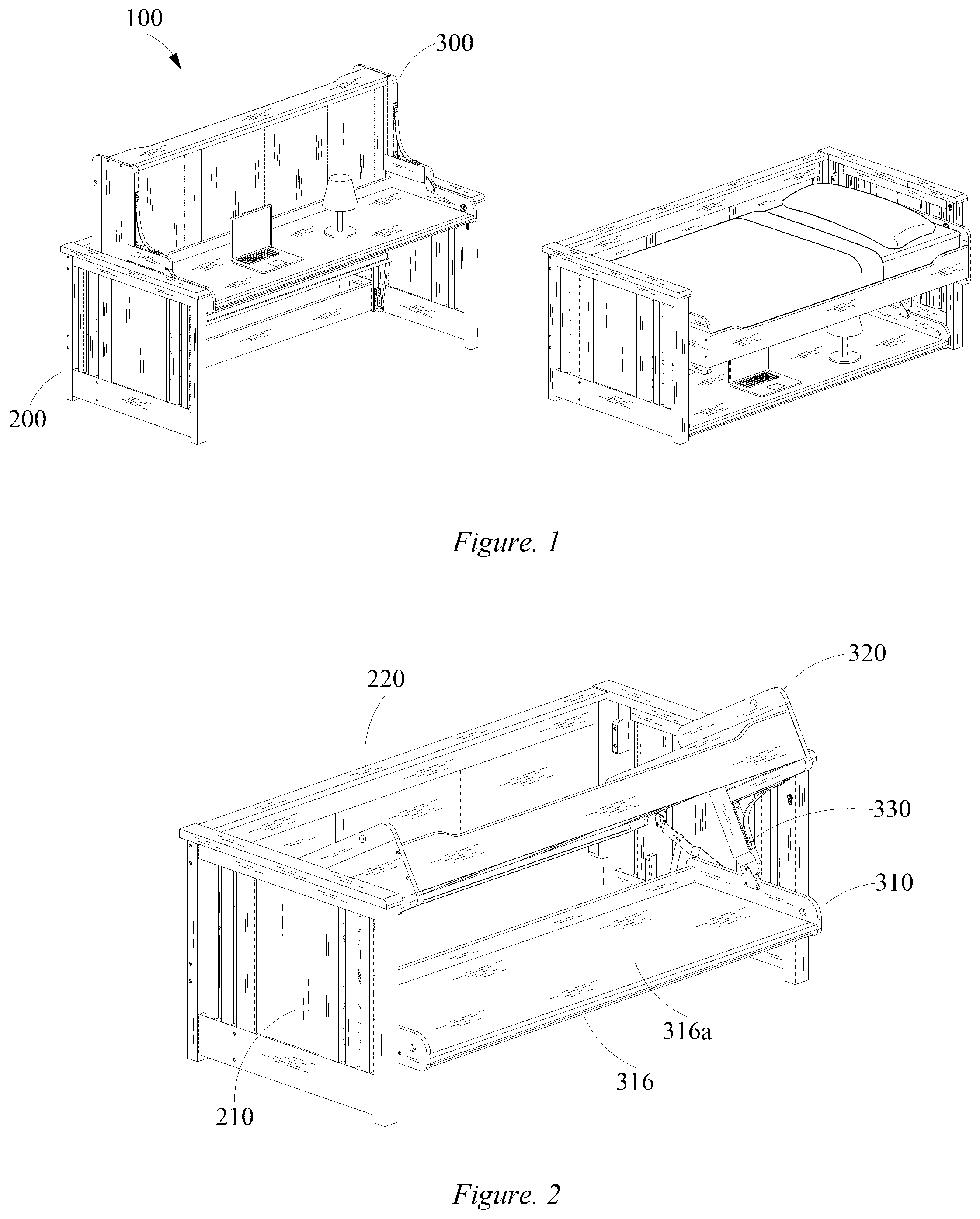 Patent US12564268 Figure 1 – Furniture objects including a convertible desk bed