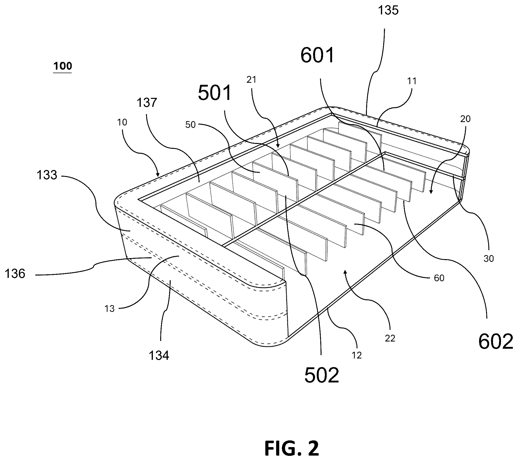 Patent US12564272 Figure 2 – Inflatable mattress structure with overlapping independent air chambers