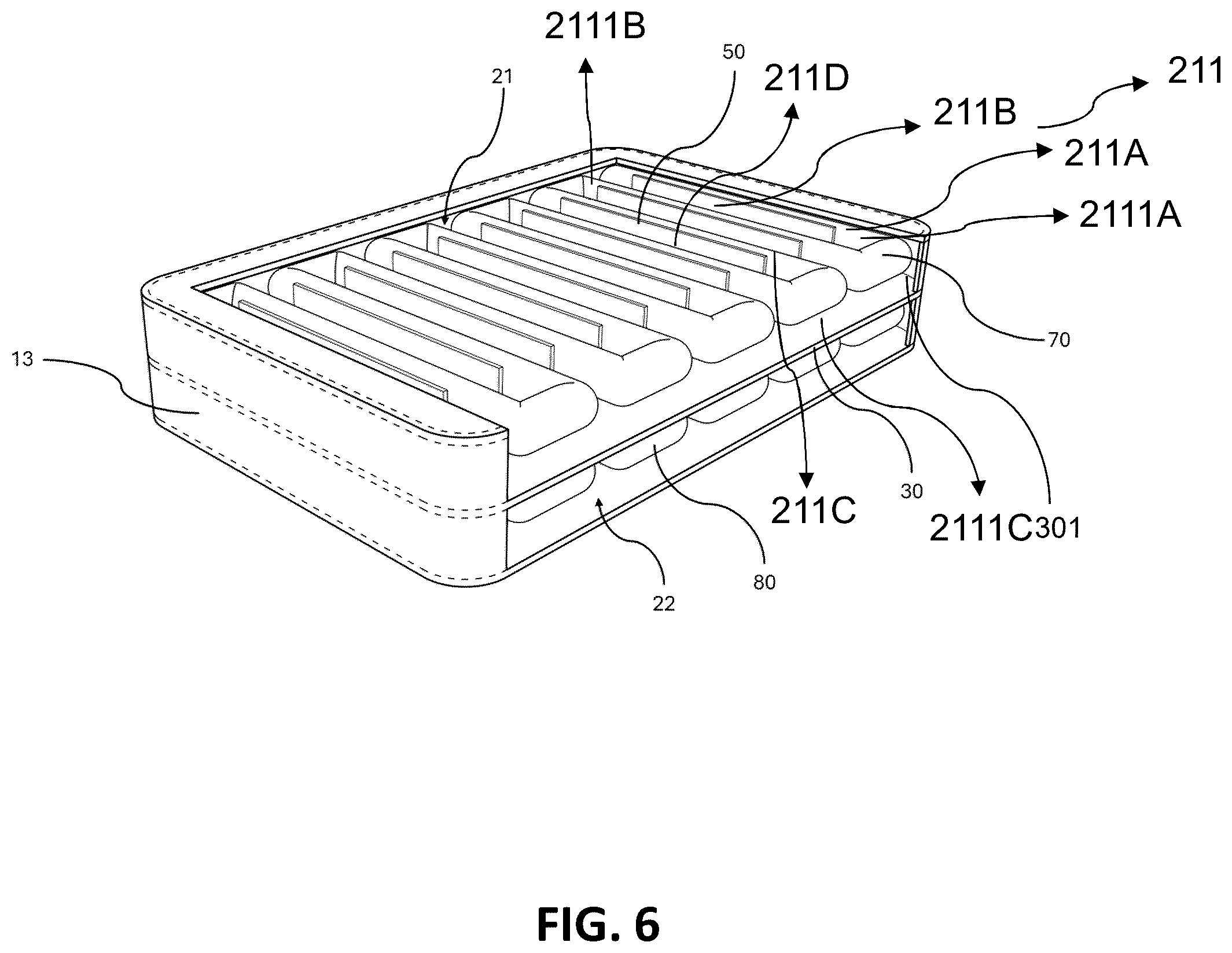 Patent US12564272 Figure 6 – Inflatable mattress structure with overlapping independent air chambers