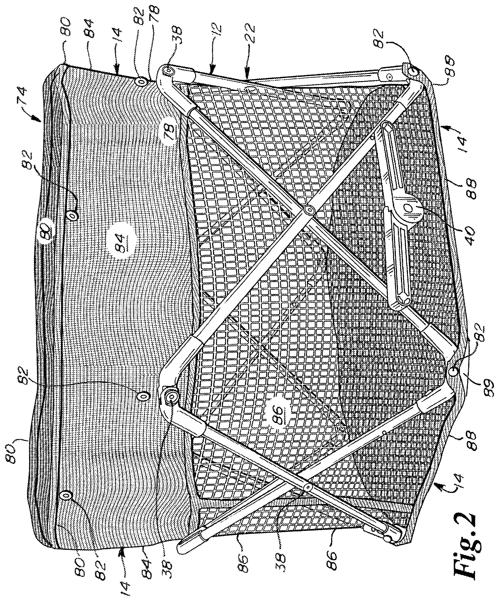 Patent US12564274 Figure 2 – Scissoring bassinet with soft inside and outside