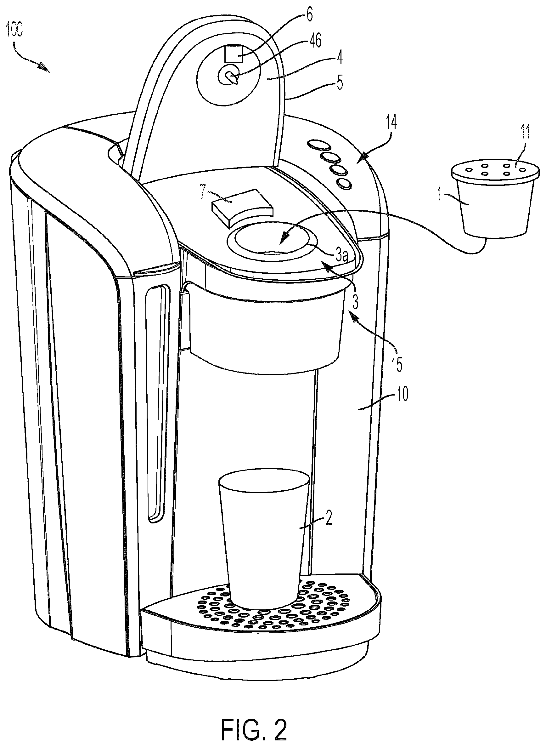 Patent US12564284 Figure 2 – Pod stabilizer for beverage machine