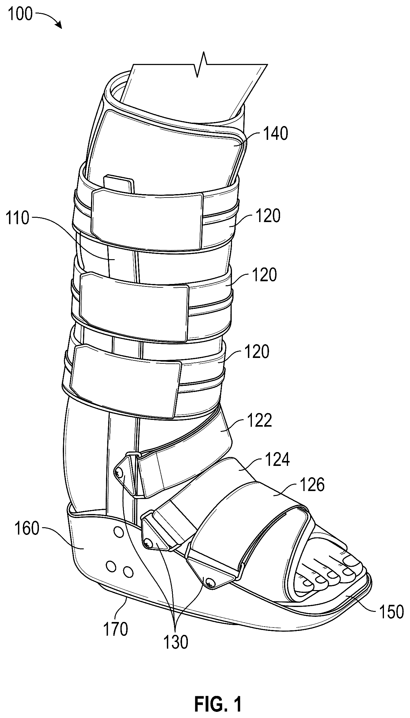 Patent US12564507 Figure 1 – Walking boot, chafe assembly, protective rim for a push-button release valve and related methods