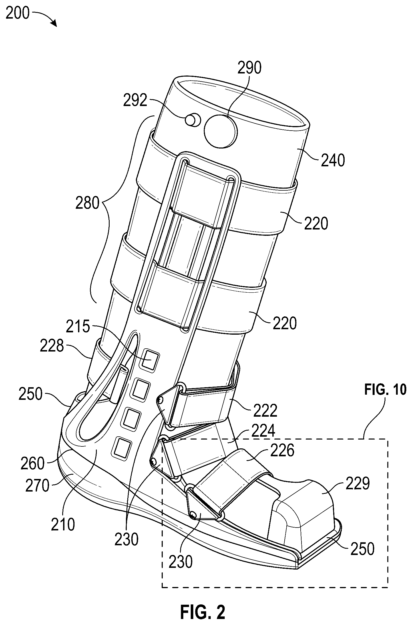 Patent US12564507 Figure 2 – Walking boot, chafe assembly, protective rim for a push-button release valve and related methods