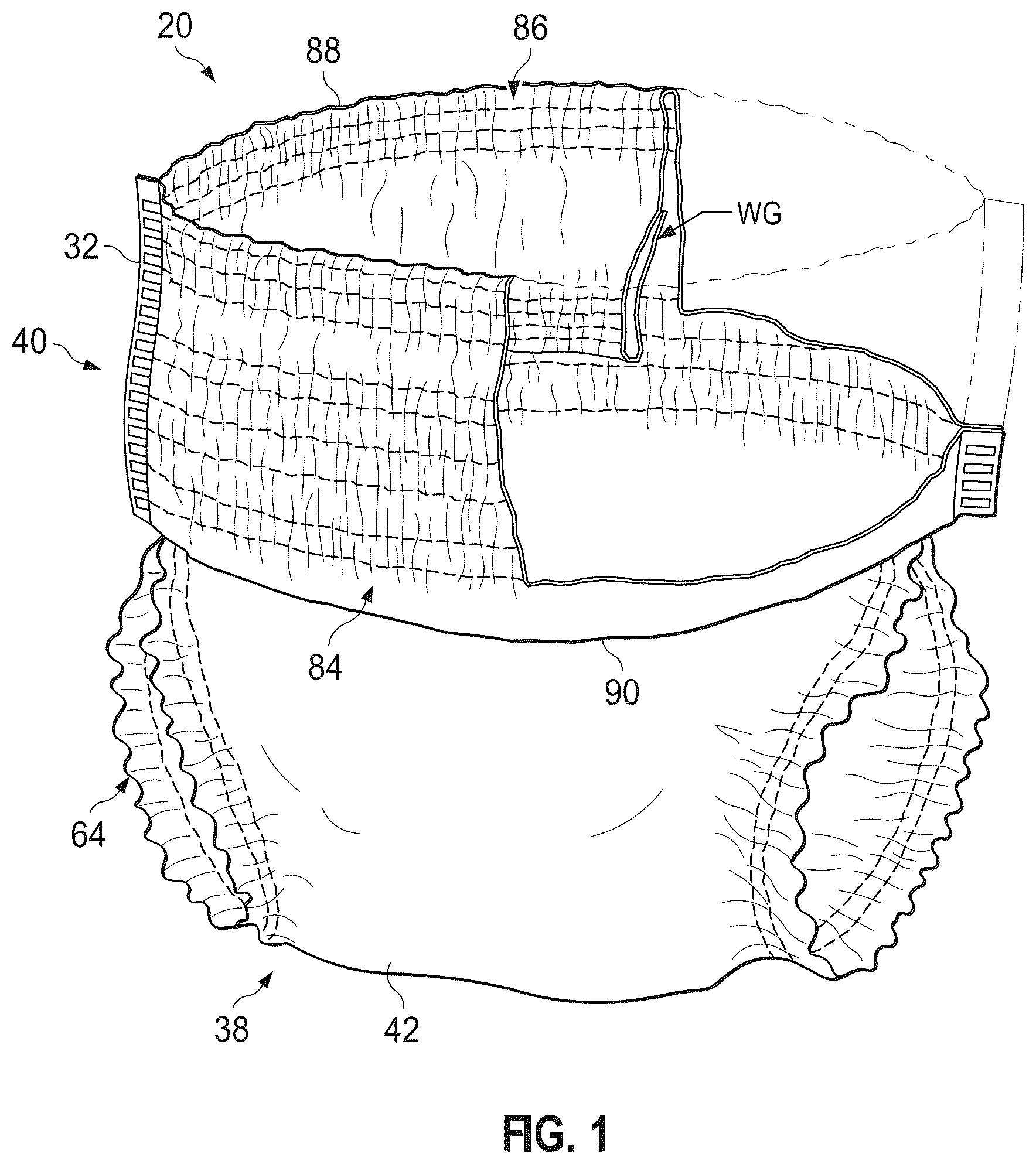 Patent US12564522 Figure 1 – Pant-type absorbent article with waist guard