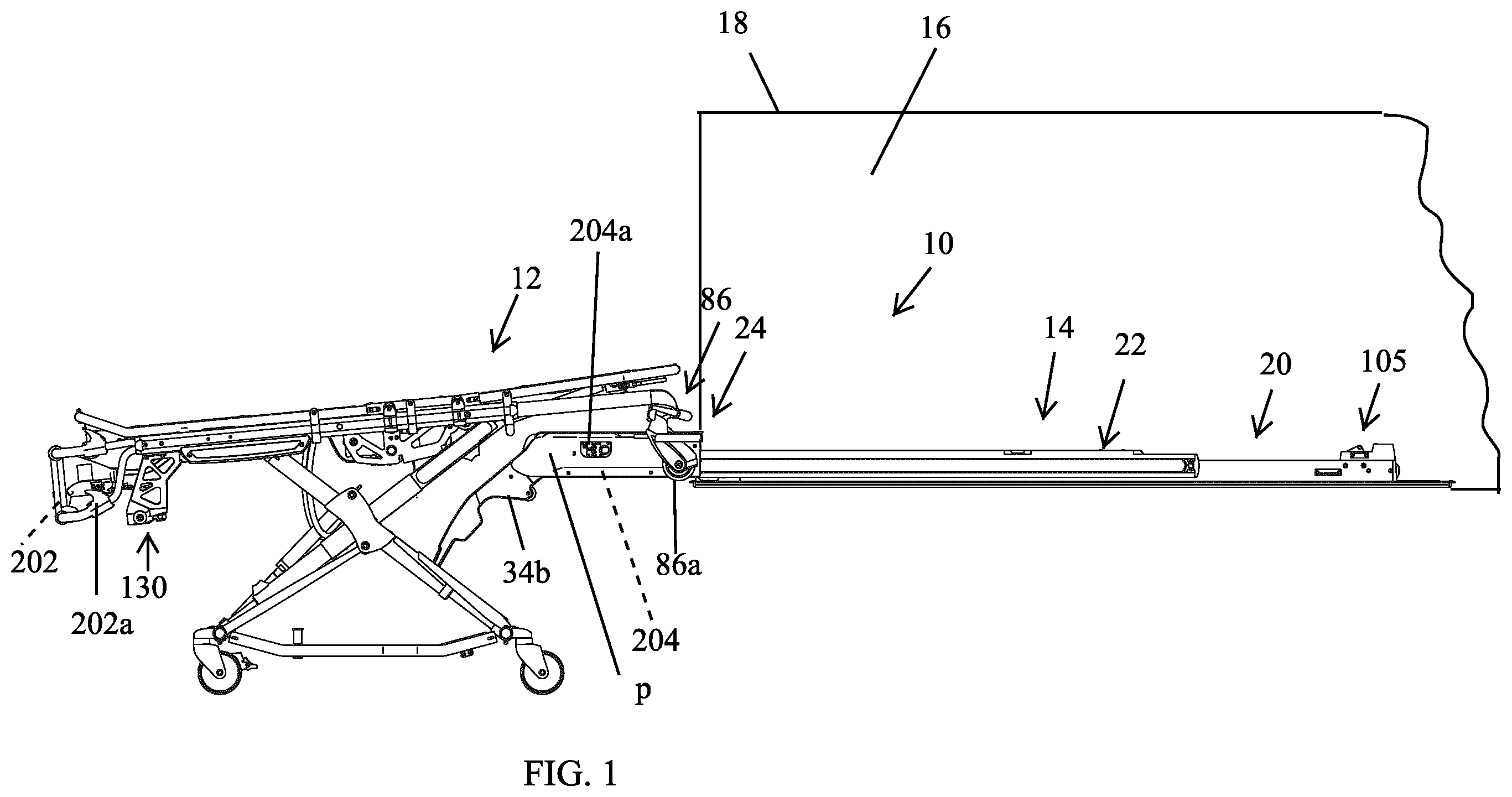 Patent US12564525 Figure 1 – Ambulance cot and loading and unloading system