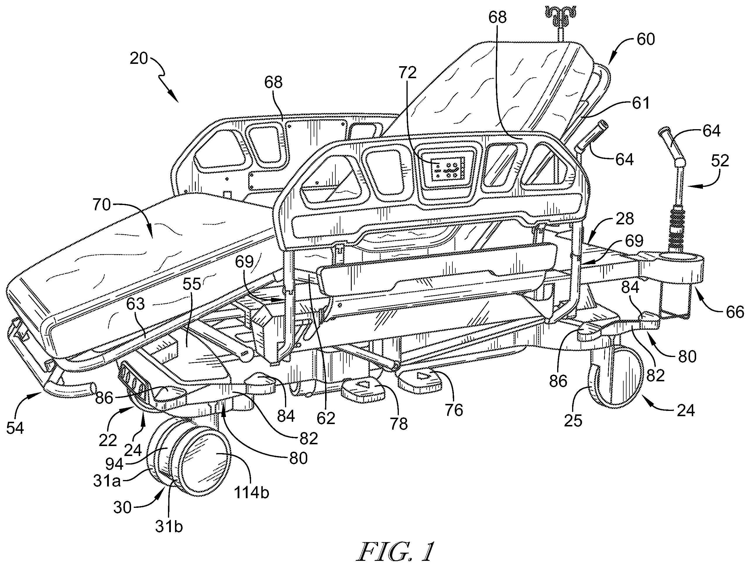 Patent US12564527 Figure 1 – Patient support apparatus having motorized wheels
