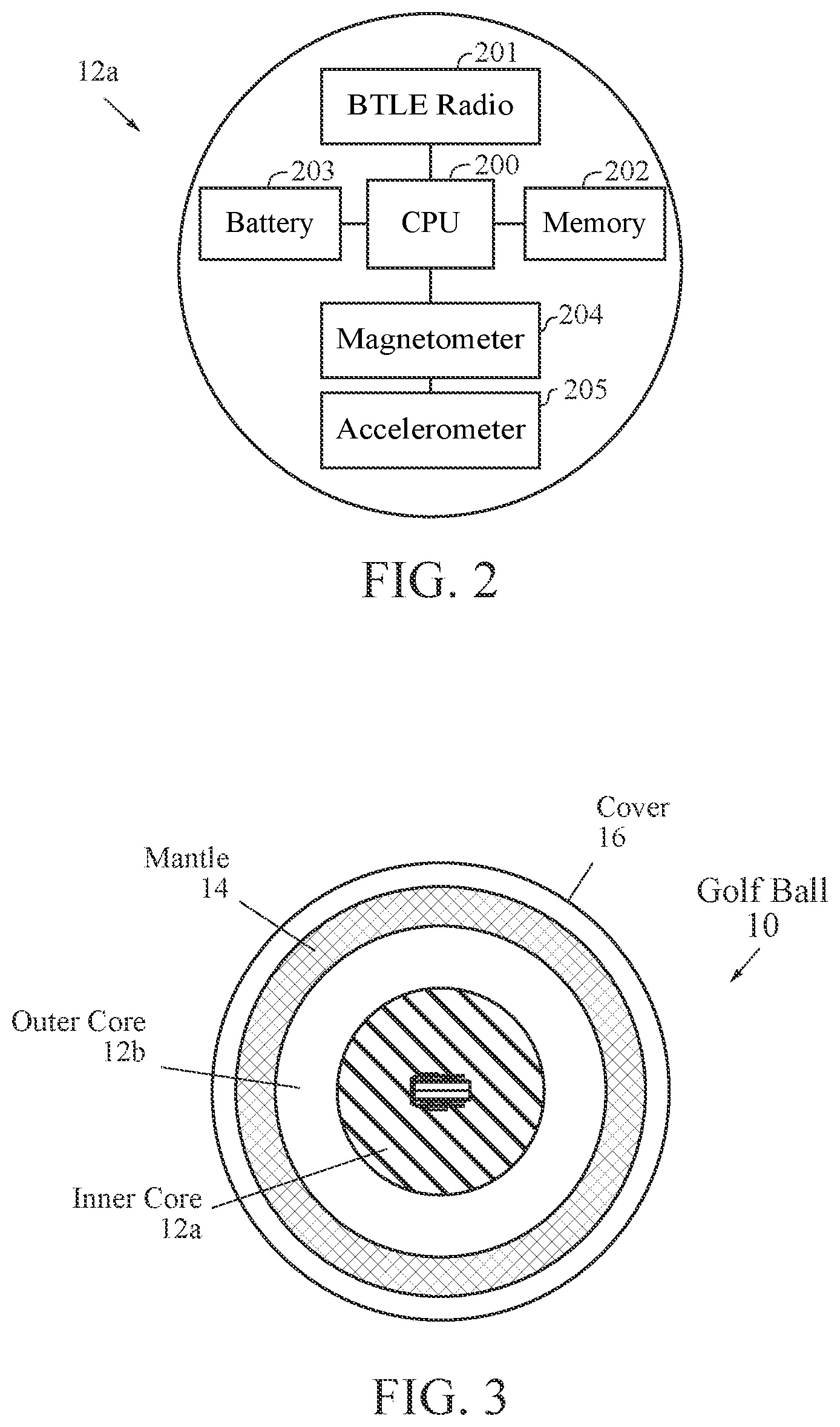 Patent US12564768 Figure 2 – Golf ball with electrical components