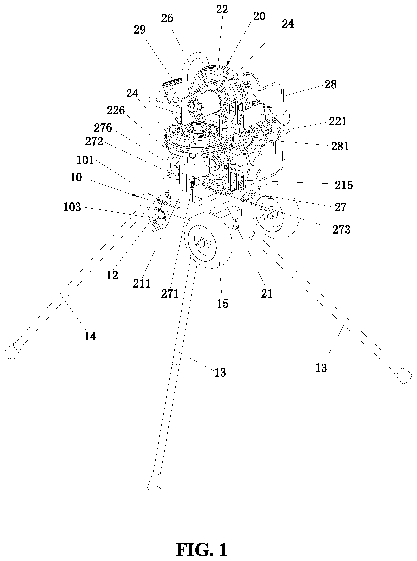 Patent US12564775 Figure 1 – Four-wheel pitching machine