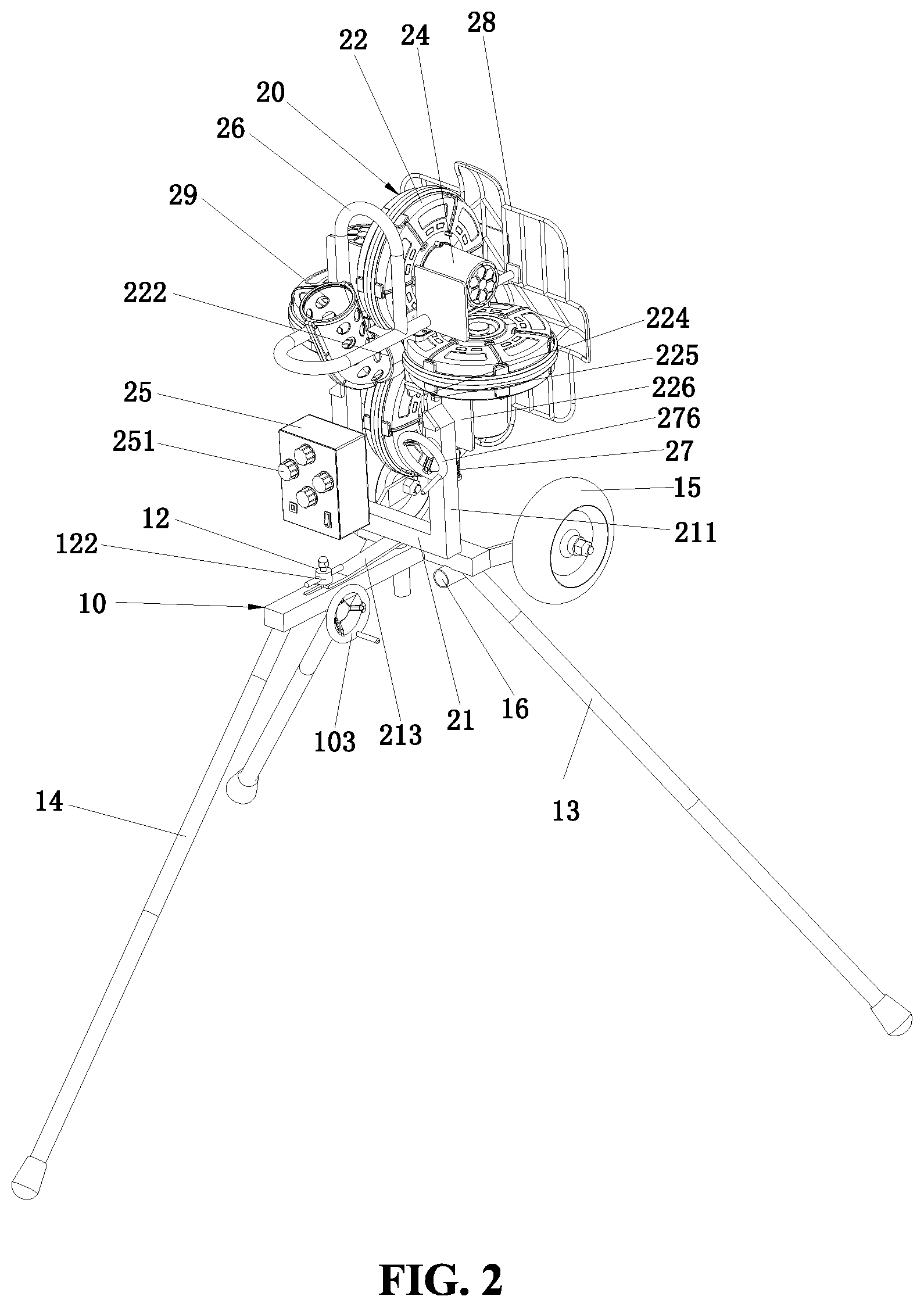 Patent US12564775 Figure 2 – Four-wheel pitching machine