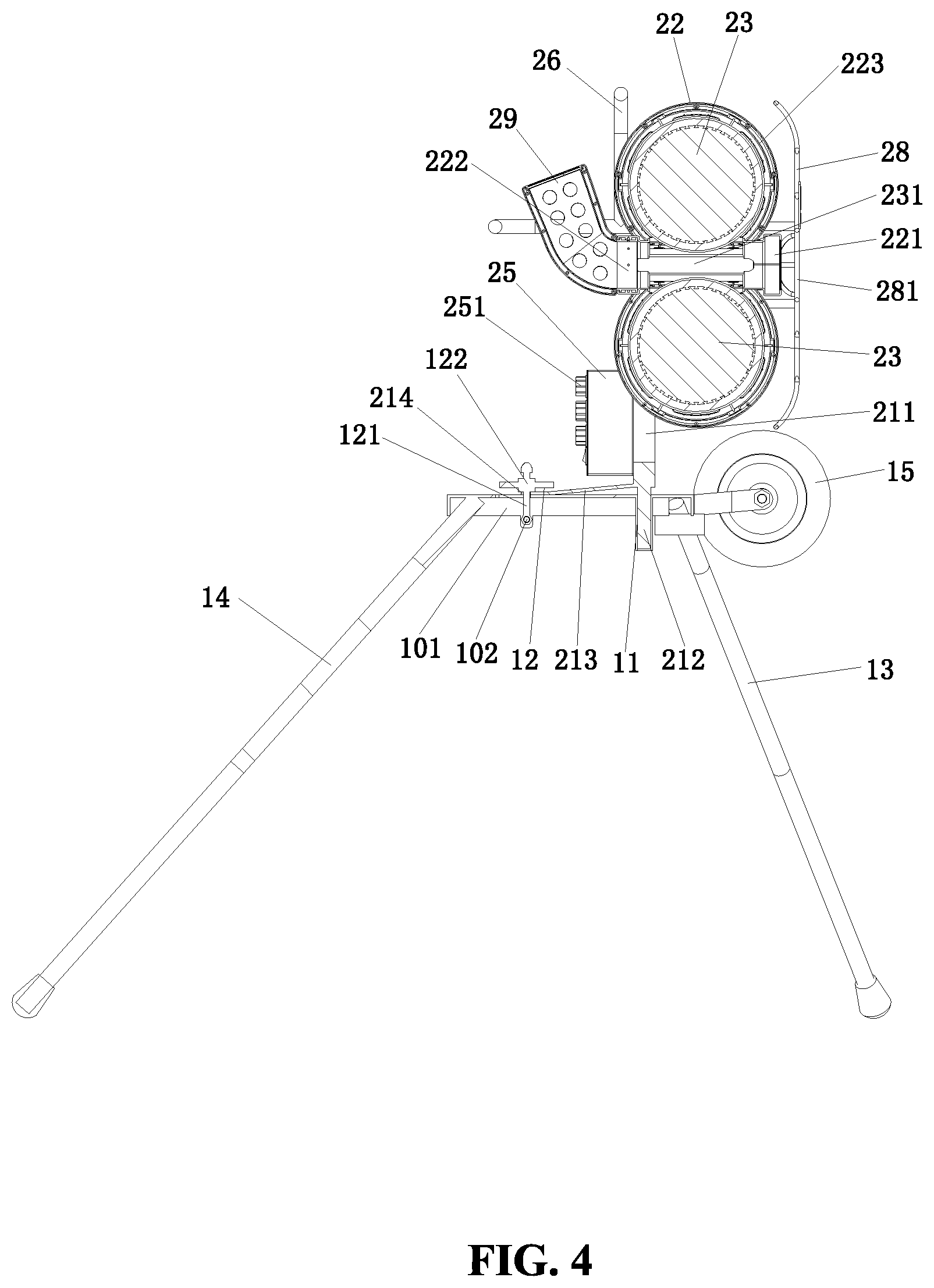 Patent US12564775 Figure 4 – Four-wheel pitching machine