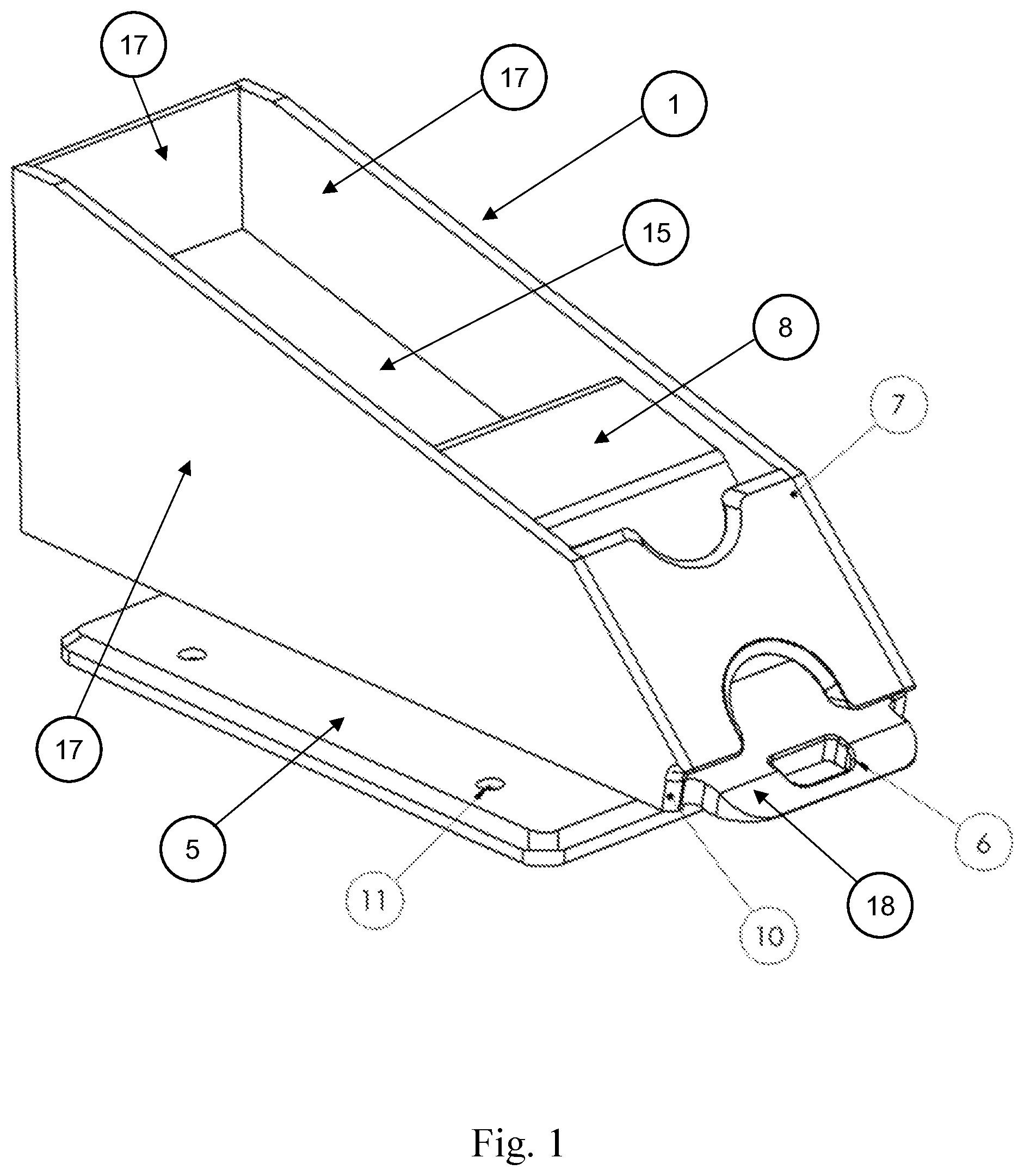 Patent US12564779 Figure 1 – Card dealing shoe with a pusher