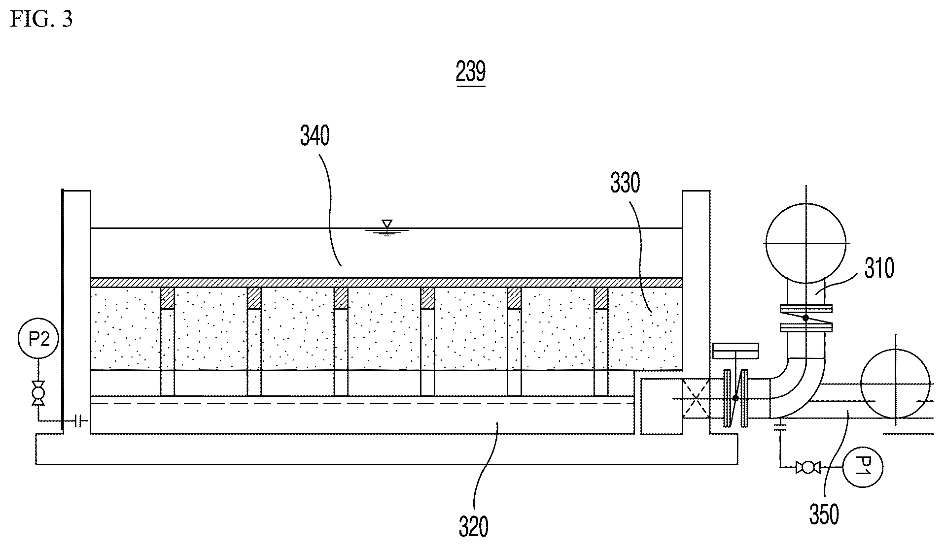 Patent US12564798 Figure 2 – Sedimentation tank system including high-rate filtration part and capable of primary treatment of sewage and wastewater, flow equalization, and treatment of wet weather flow