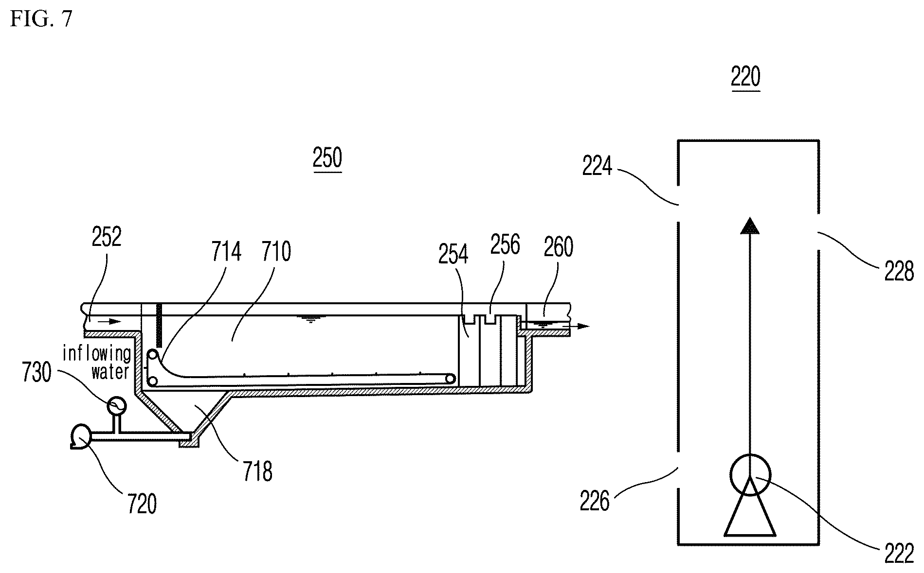 Patent US12564798 Figure 6 – Sedimentation tank system including high-rate filtration part and capable of primary treatment of sewage and wastewater, flow equalization, and treatment of wet weather flow