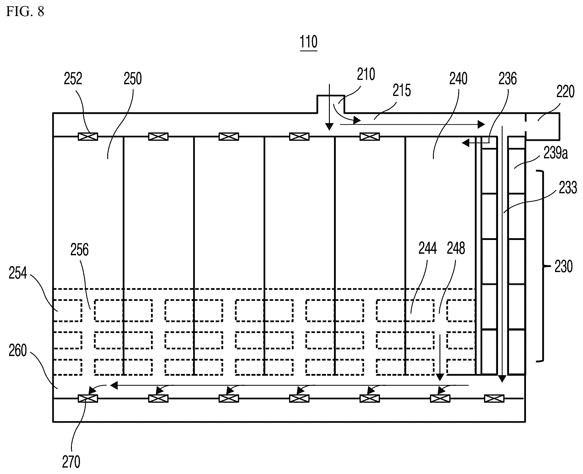 Patent US12564798 Figure 7 – Sedimentation tank system including high-rate filtration part and capable of primary treatment of sewage and wastewater, flow equalization, and treatment of wet weather flow
