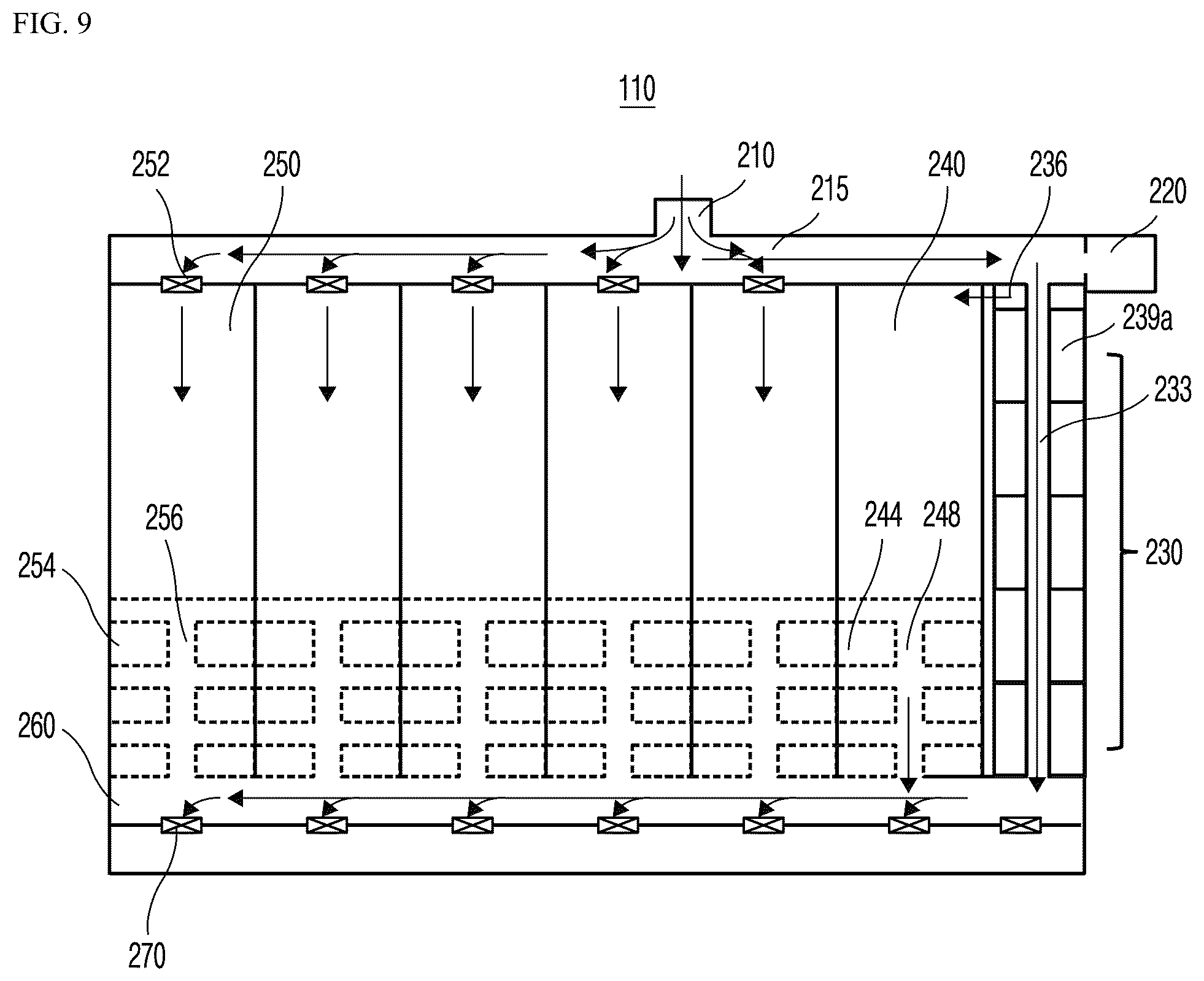 Patent US12564798 Figure 8 – Sedimentation tank system including high-rate filtration part and capable of primary treatment of sewage and wastewater, flow equalization, and treatment of wet weather flow