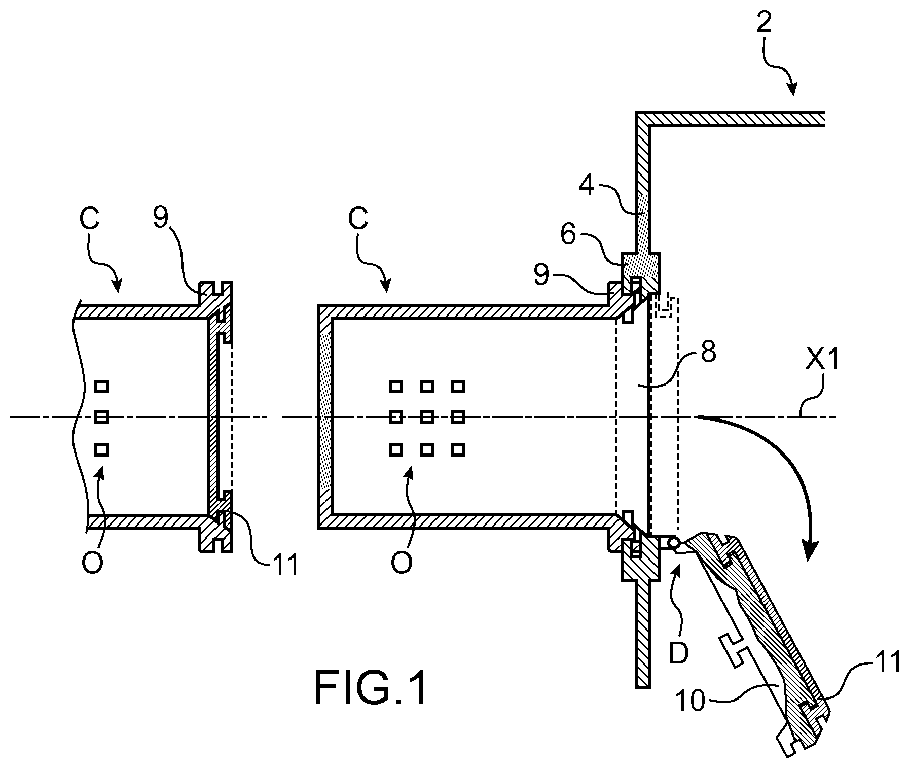 Patent US12564832 Figure 1 – Sealed double-door connection device with reinforced security