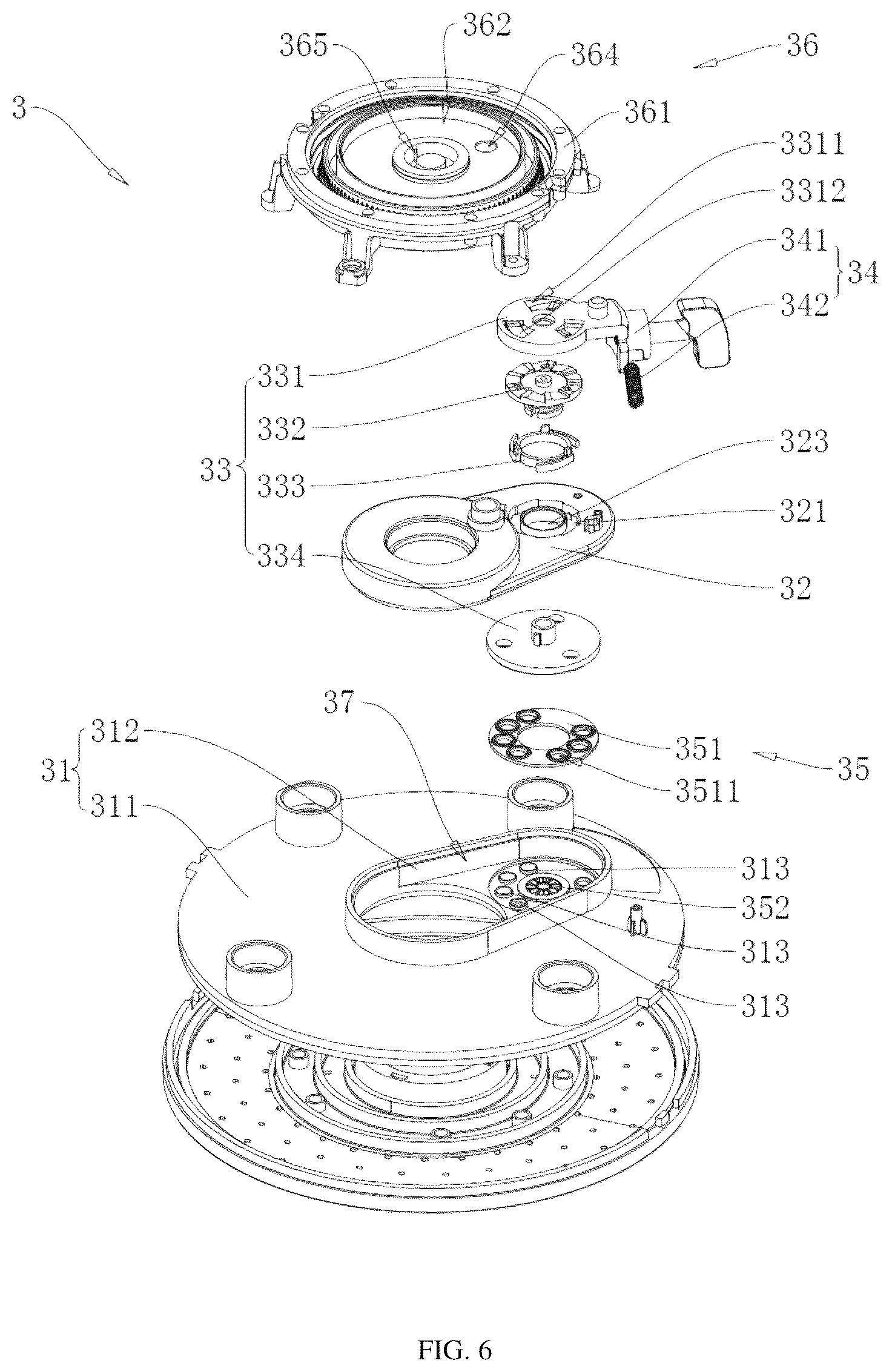 Patent US12564847 Figure 6 – Overhead shower