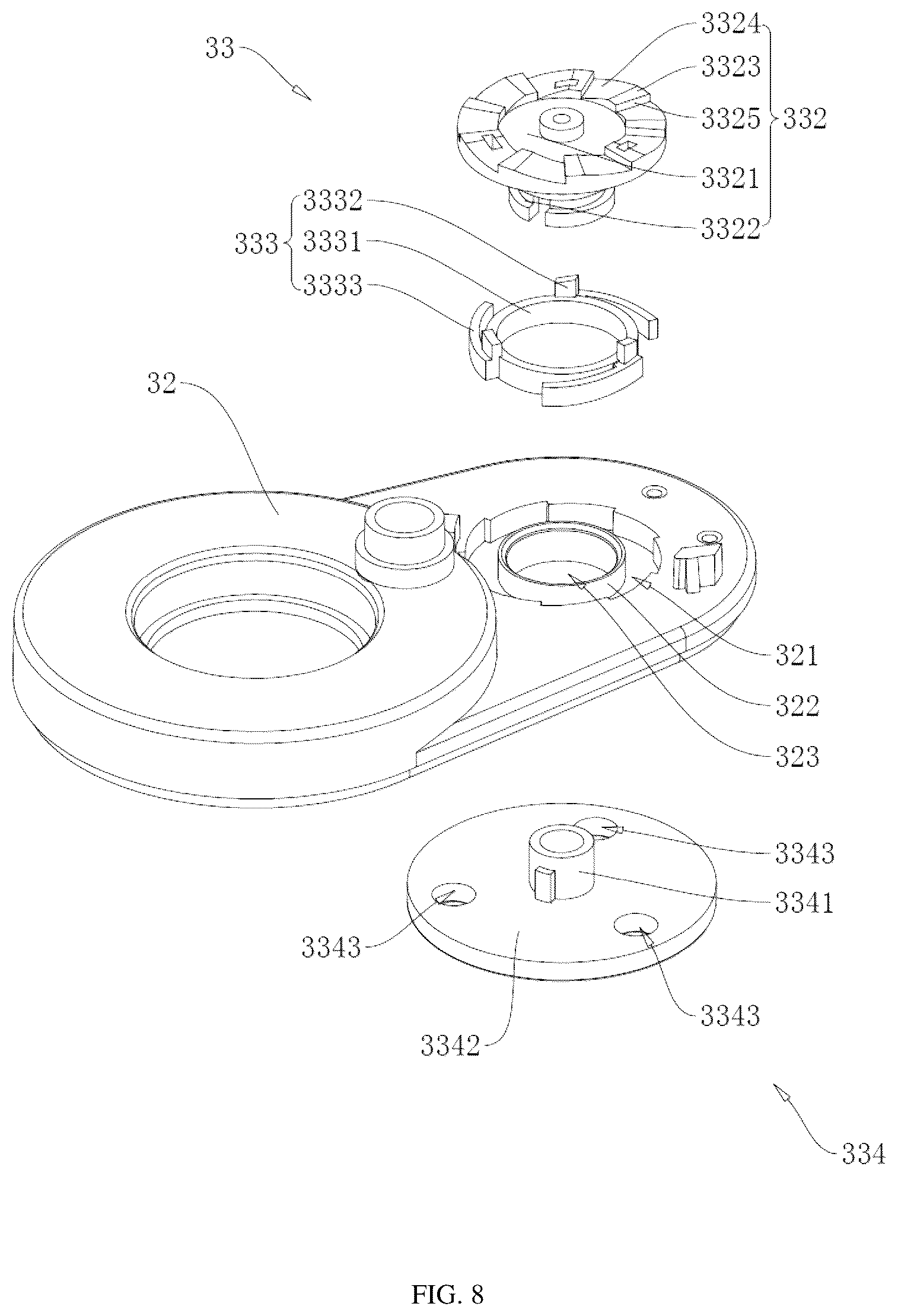 Patent US12564847 Figure 8 – Overhead shower