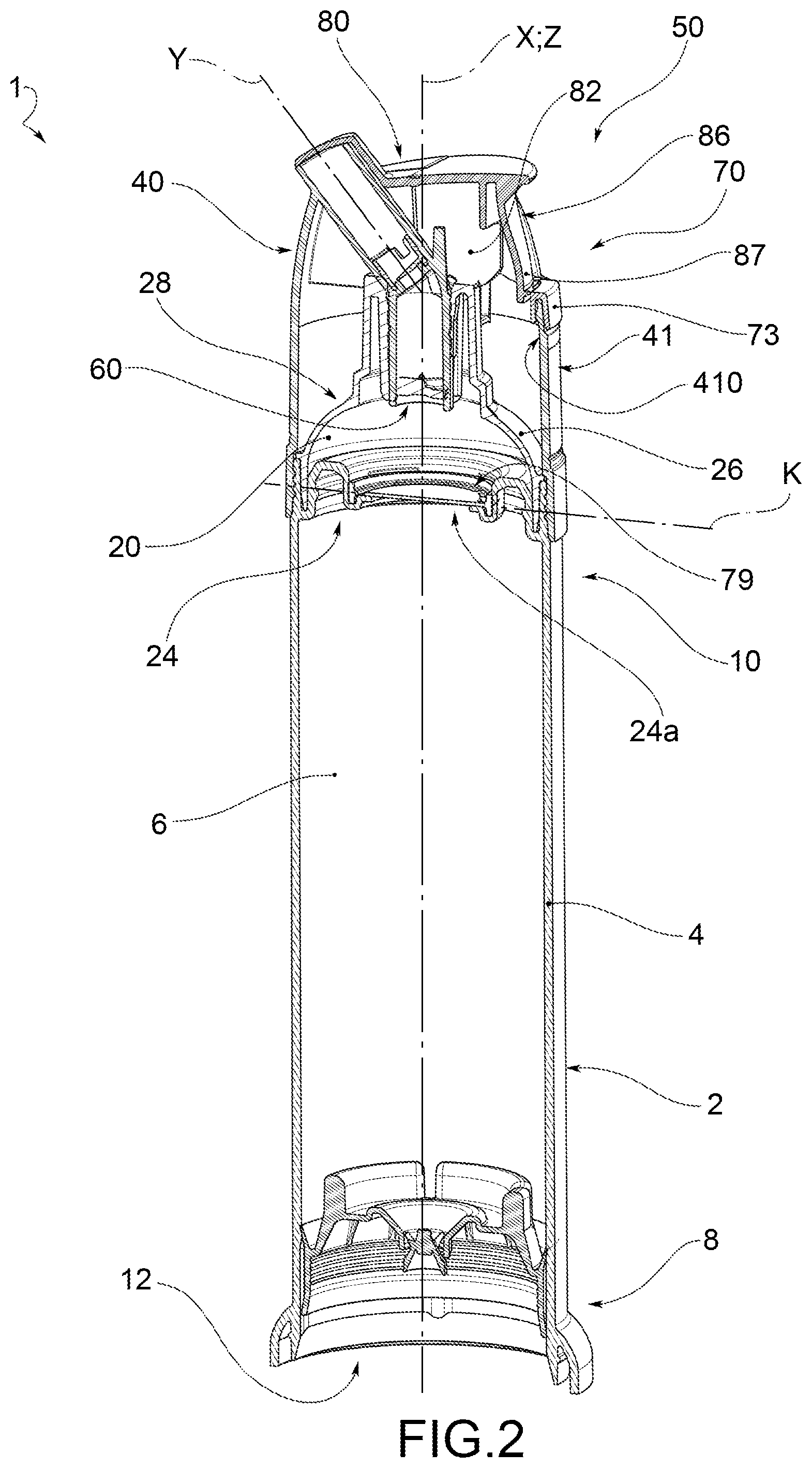 Patent US12564851 Figure 2 – Trigger-type dispensing head for a dispensing device for pasty products such as toothpastes