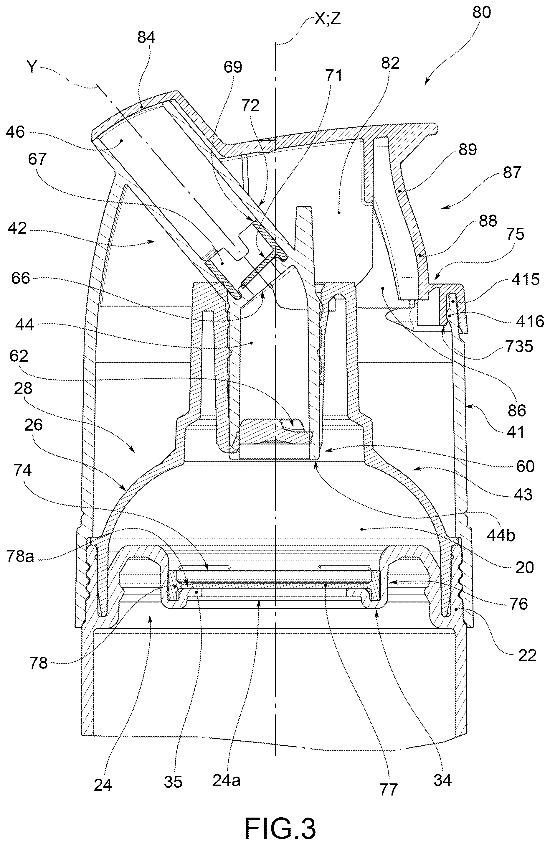 Patent US12564851 Figure 3 – Trigger-type dispensing head for a dispensing device for pasty products such as toothpastes