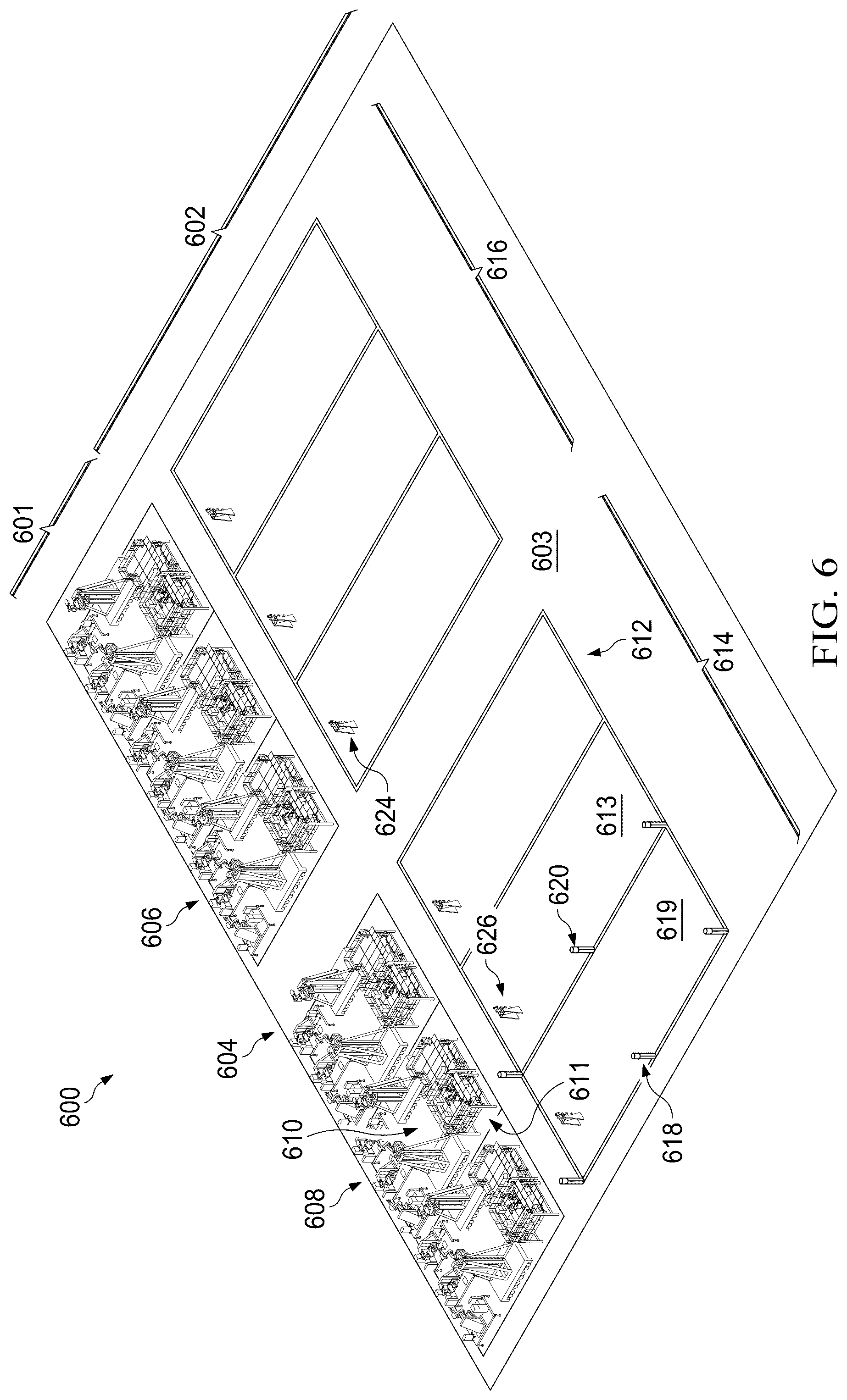 Patent US12564874 Figure 6 – Autonomous flexible manufacturing system for building a fuselage