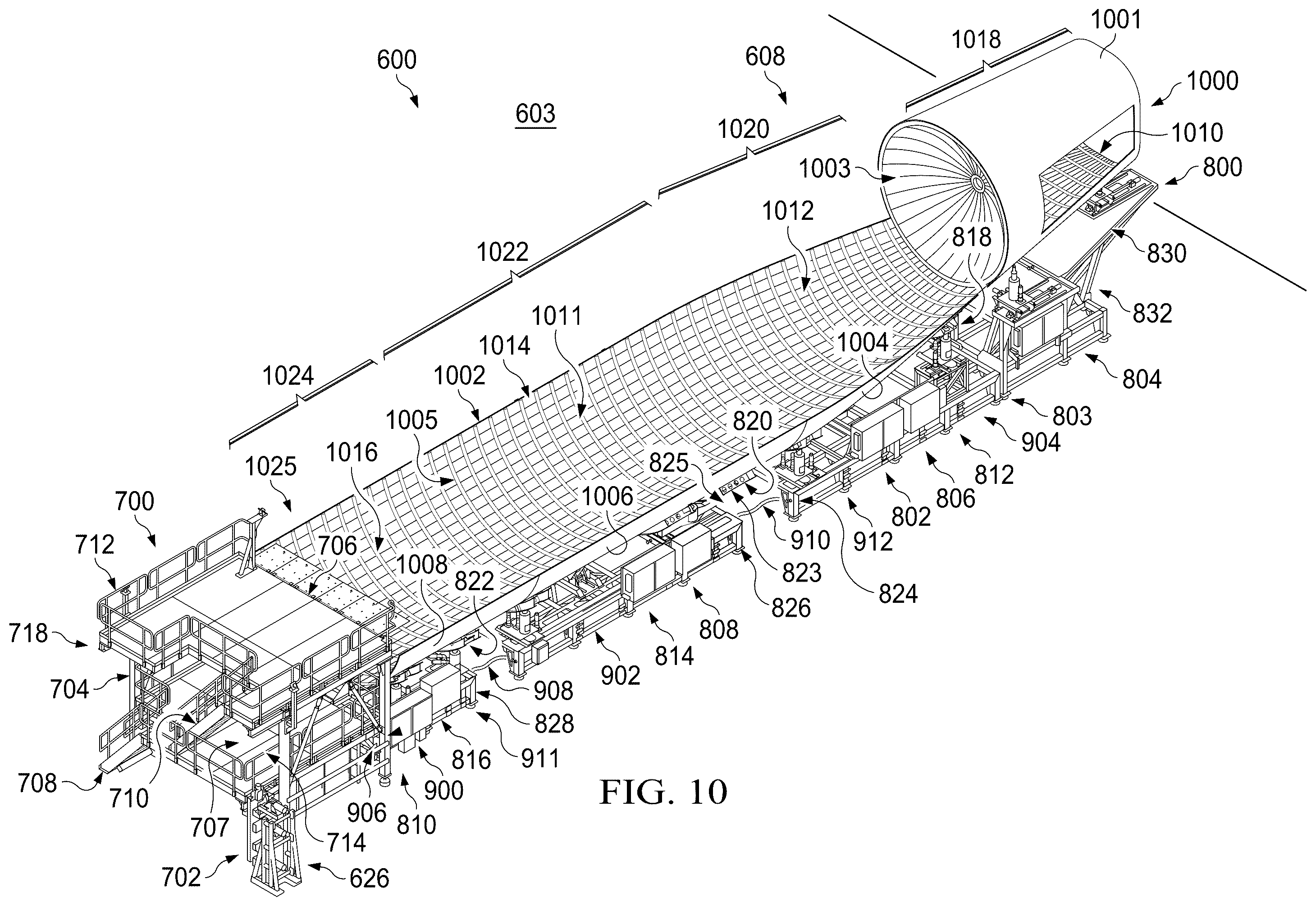 Patent US12564874 Figure 10 – Autonomous flexible manufacturing system for building a fuselage