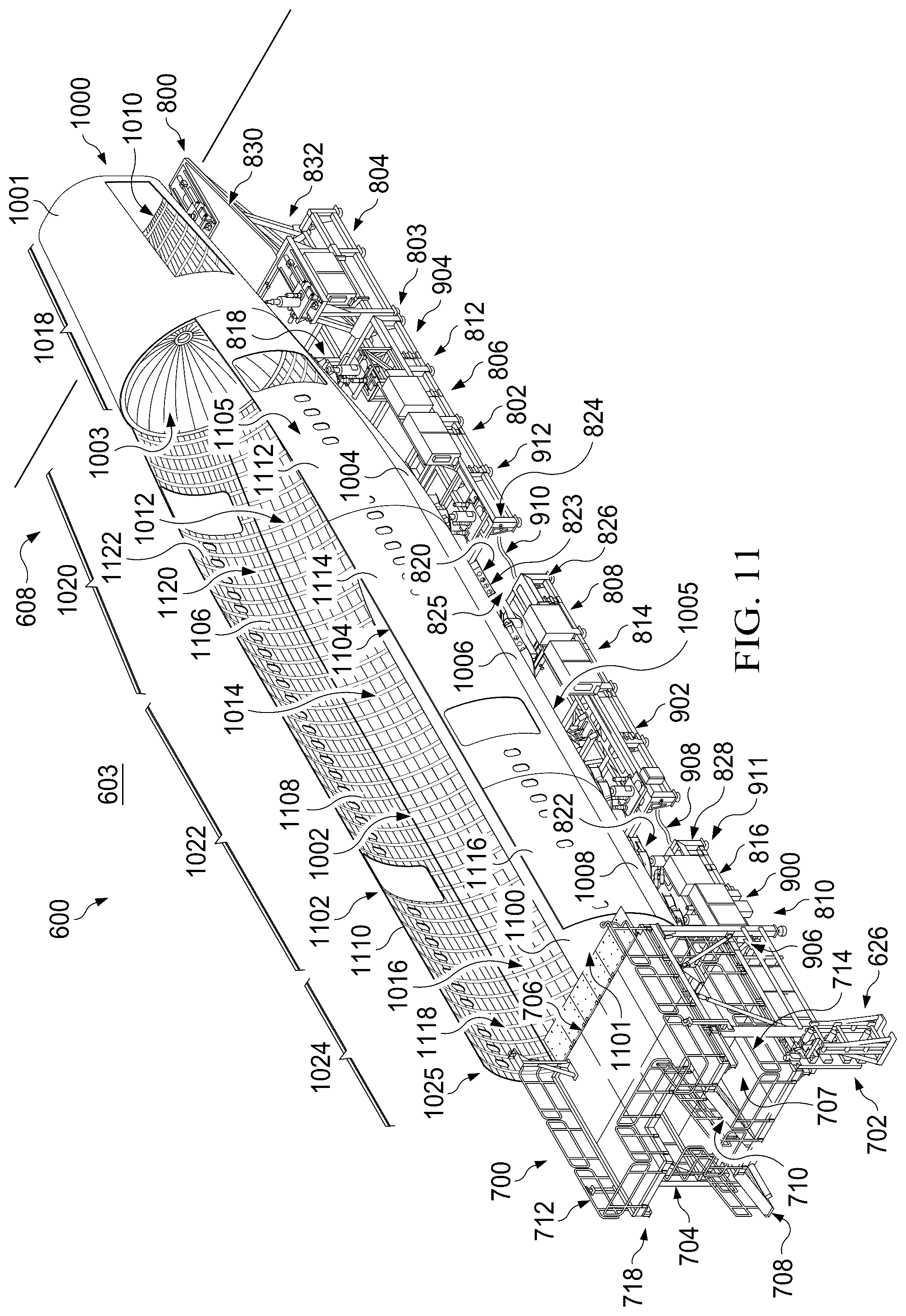 Patent US12564874 Figure 11 – Autonomous flexible manufacturing system for building a fuselage