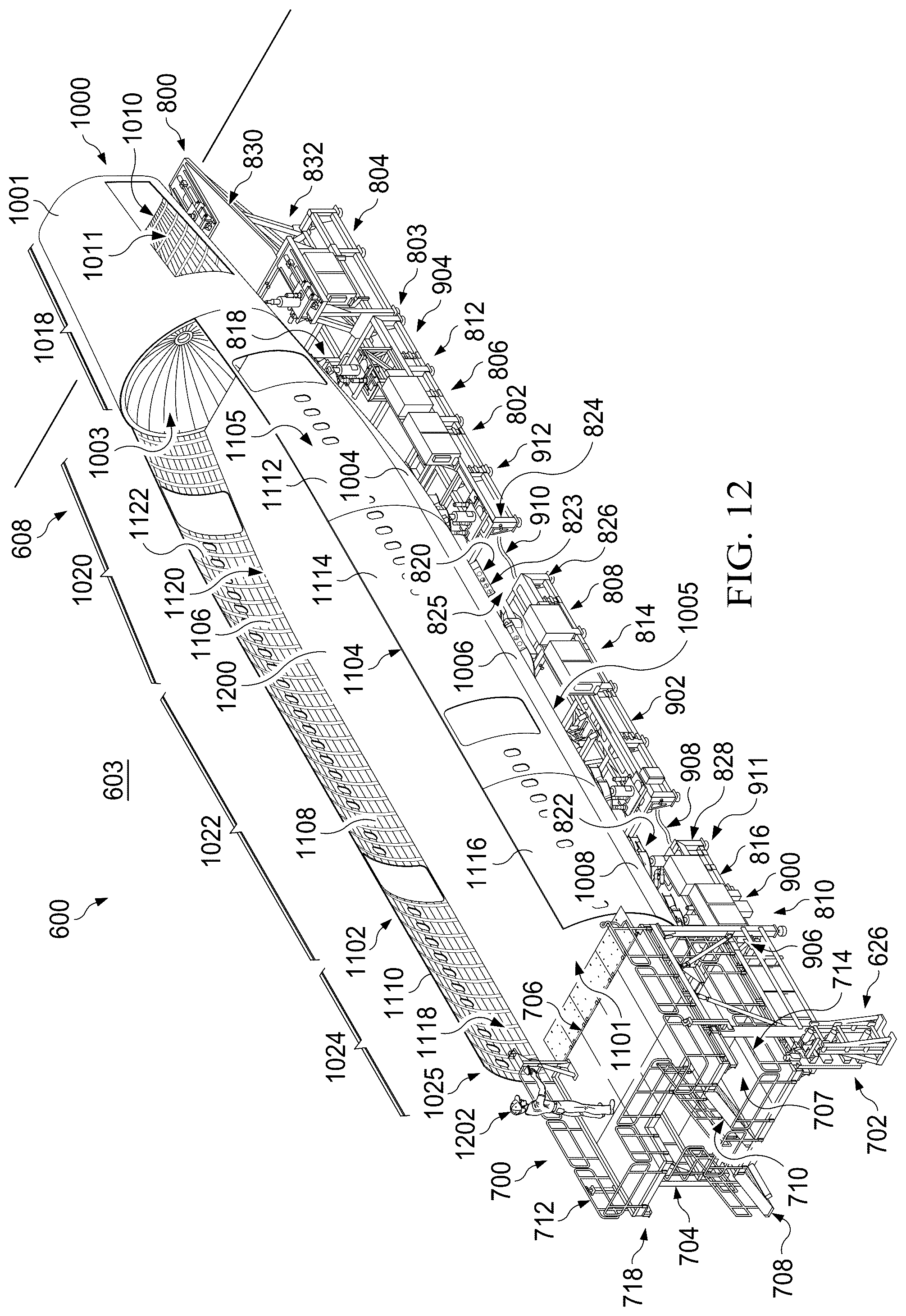 Patent US12564874 Figure 12 – Autonomous flexible manufacturing system for building a fuselage