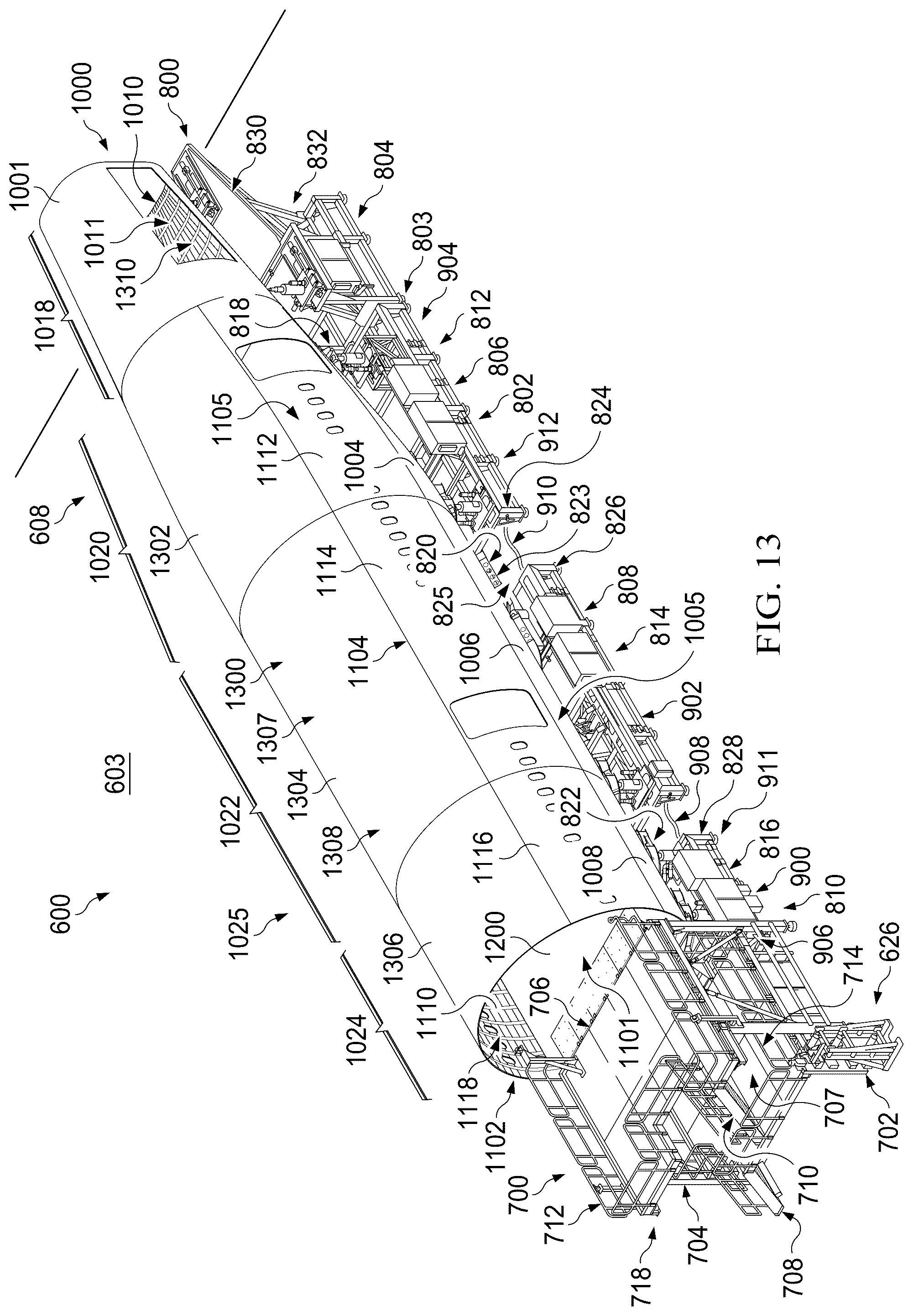 Patent US12564874 Figure 13 – Autonomous flexible manufacturing system for building a fuselage
