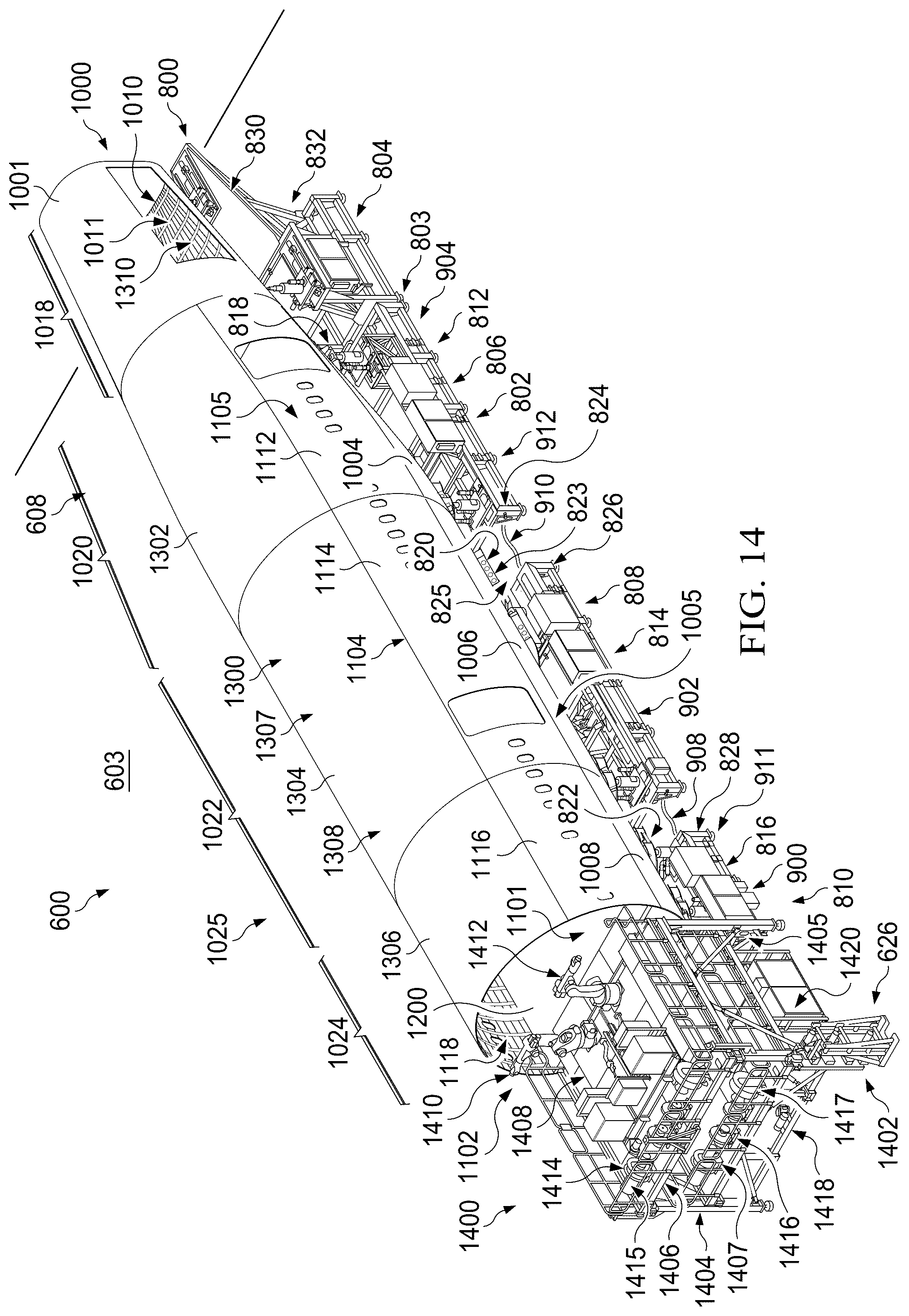 Patent US12564874 Figure 14 – Autonomous flexible manufacturing system for building a fuselage
