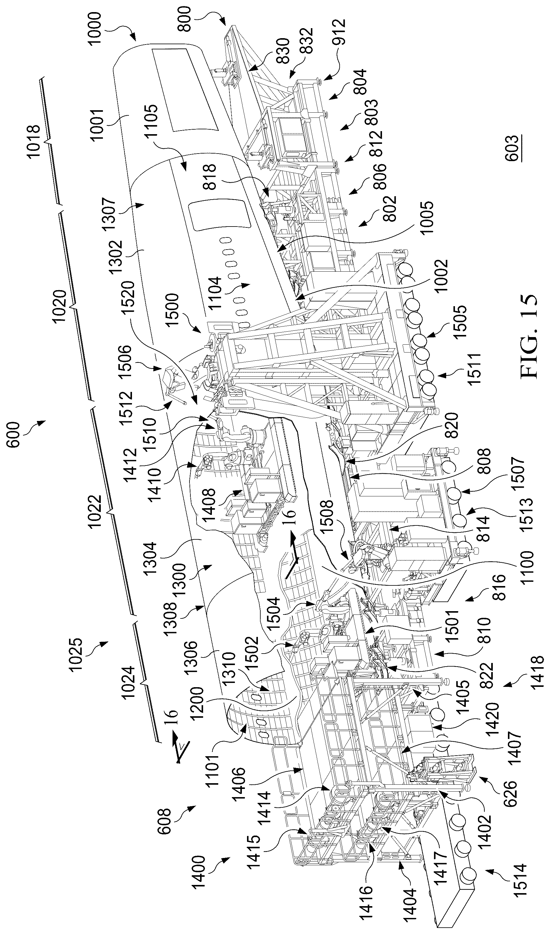 Patent US12564874 Figure 15 – Autonomous flexible manufacturing system for building a fuselage