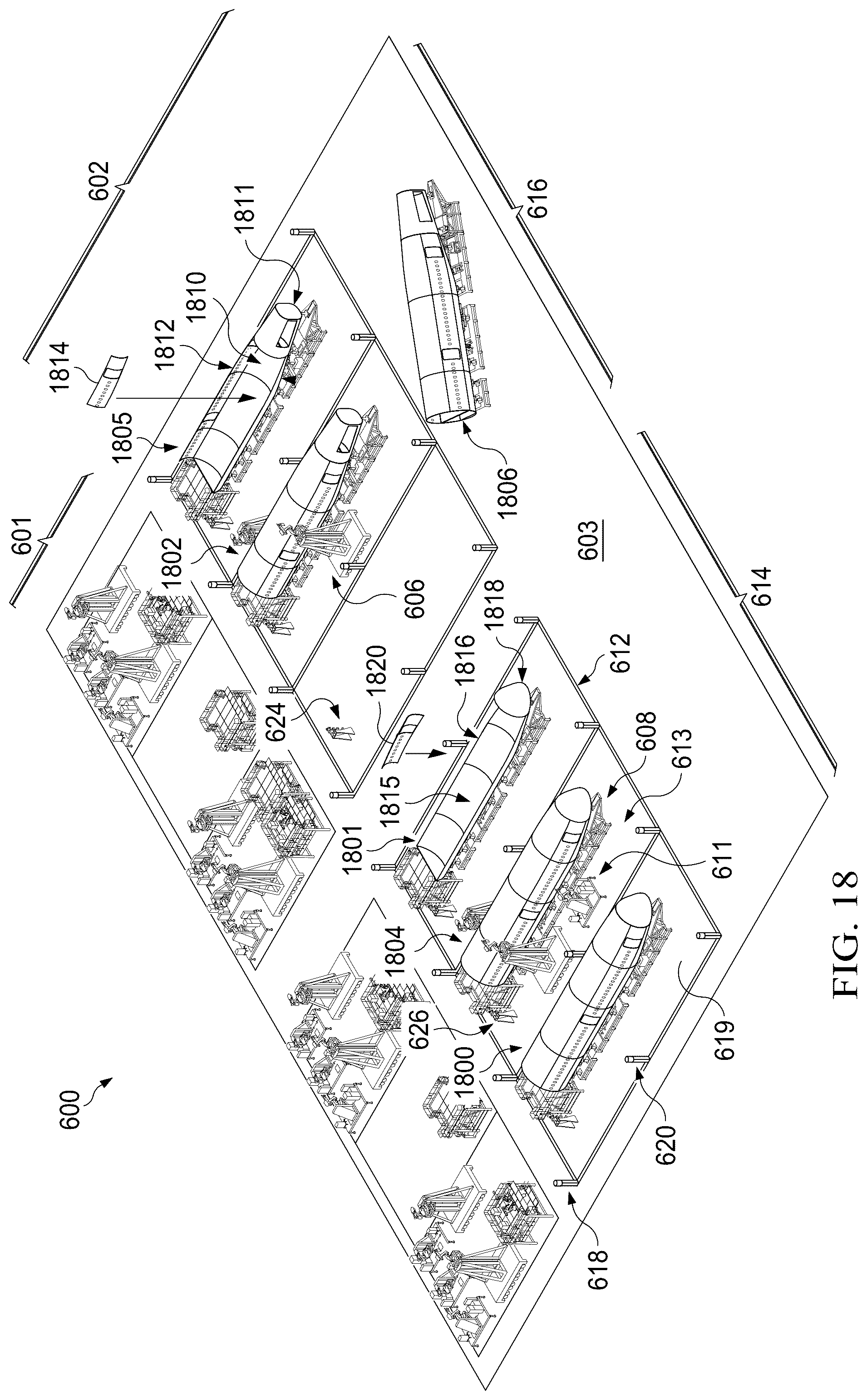 Patent US12564874 Figure 18 – Autonomous flexible manufacturing system for building a fuselage