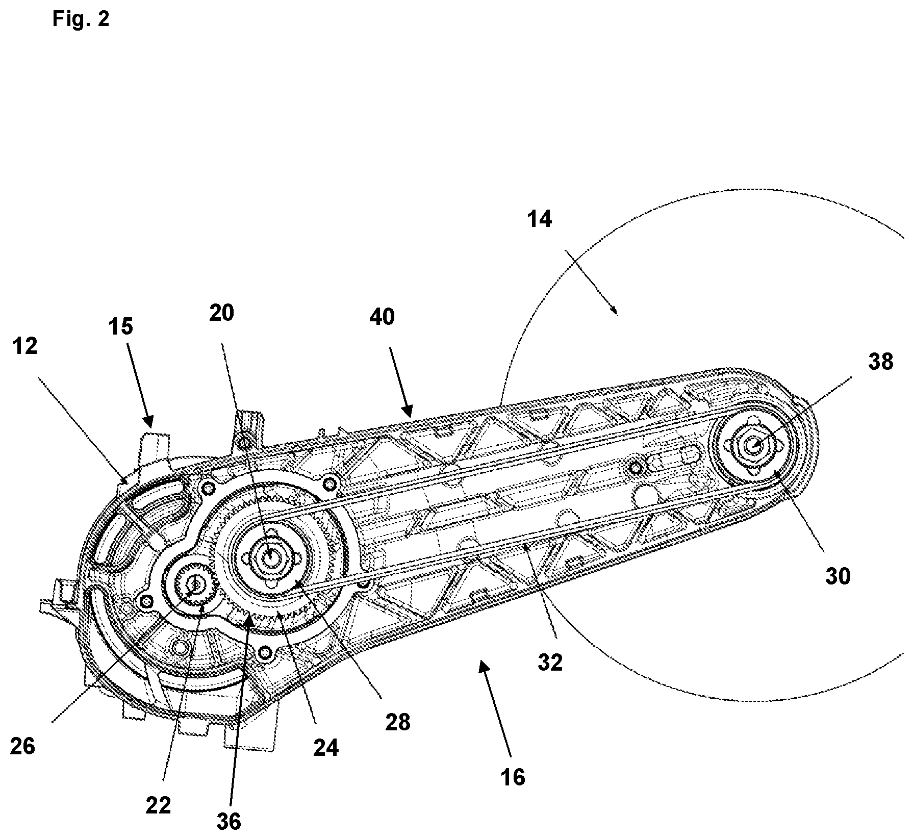 Patent US12564929 Figure 2 – Power tool having a first gear stage and a belt drive