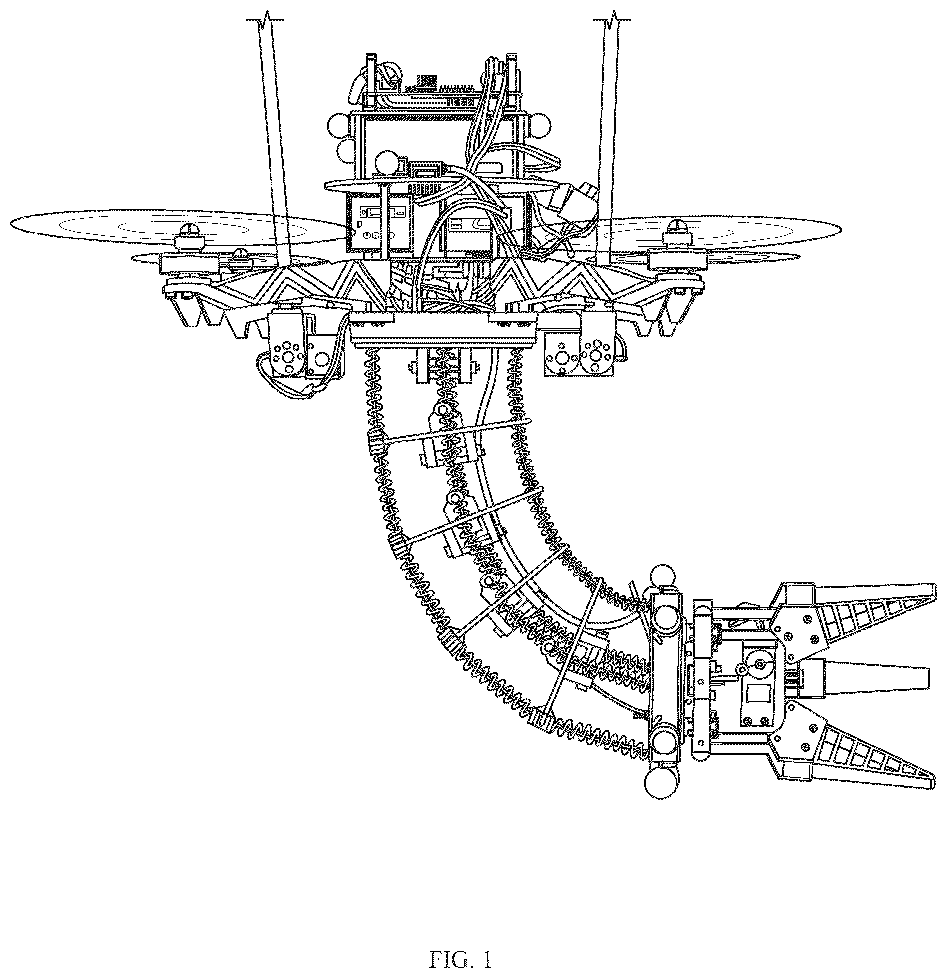 Patent US12564943 Figure 1 – Aerial continuum manipulator with kinematics for variable loading and minimal tendon-slacking