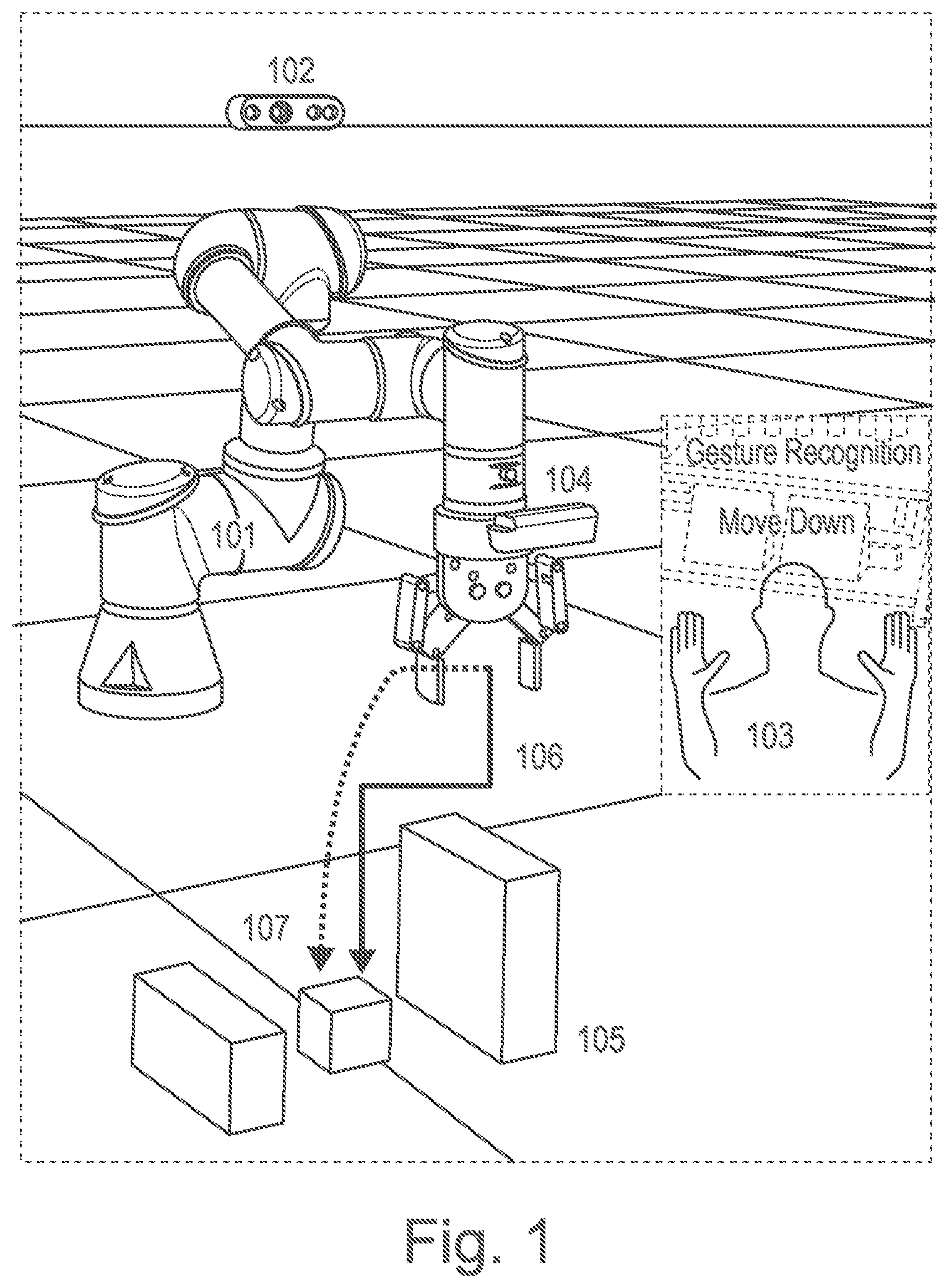 Patent US12564947 Figure 1 – Teaching a robot system using hand gesture control and visual-inertial-odometry