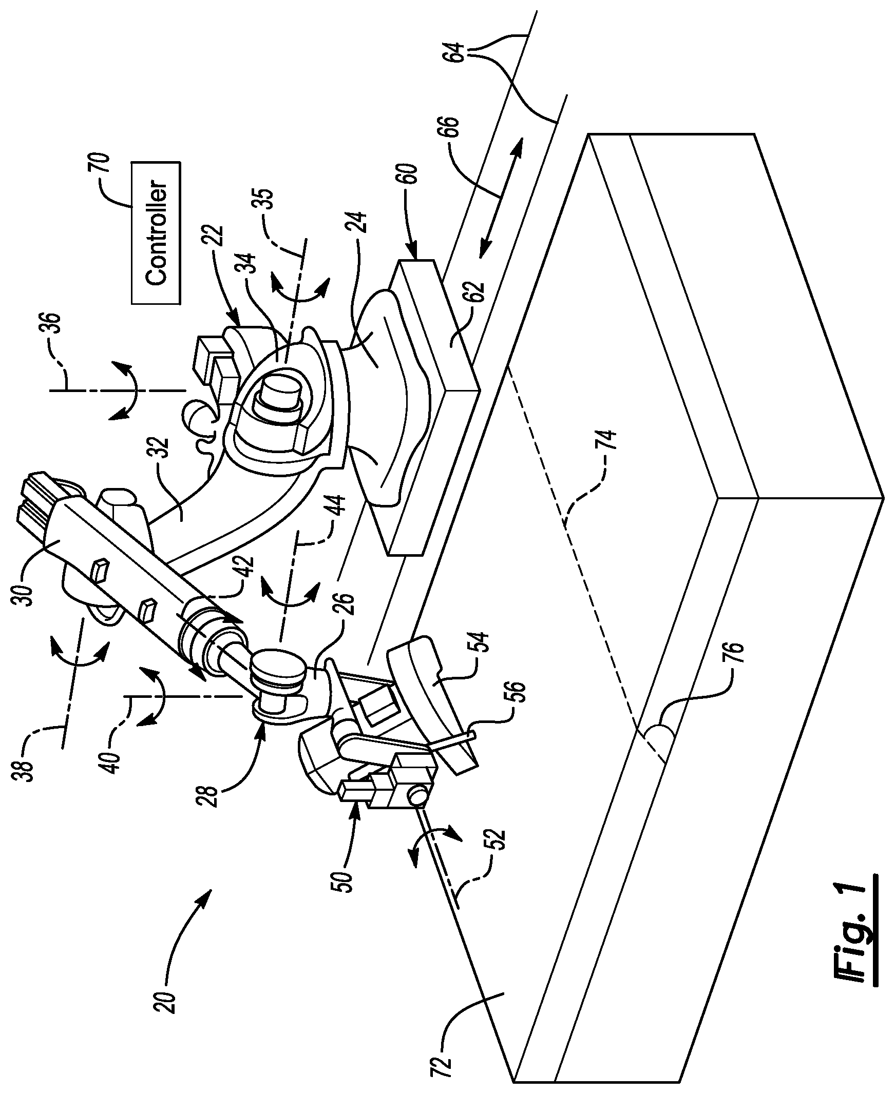 Patent US12564954 Figure 1 – Multi-axis robot with adjustable end of arm tool